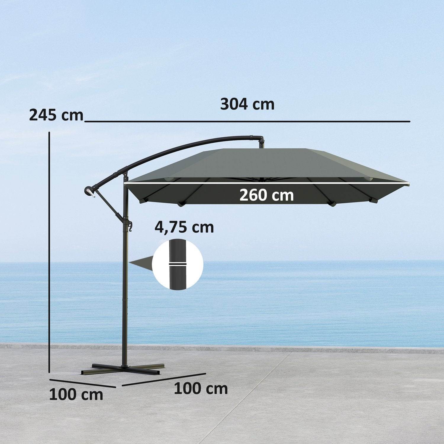 Donkergrijs vrijdragende parasol, 260cm, zwengel & windslot