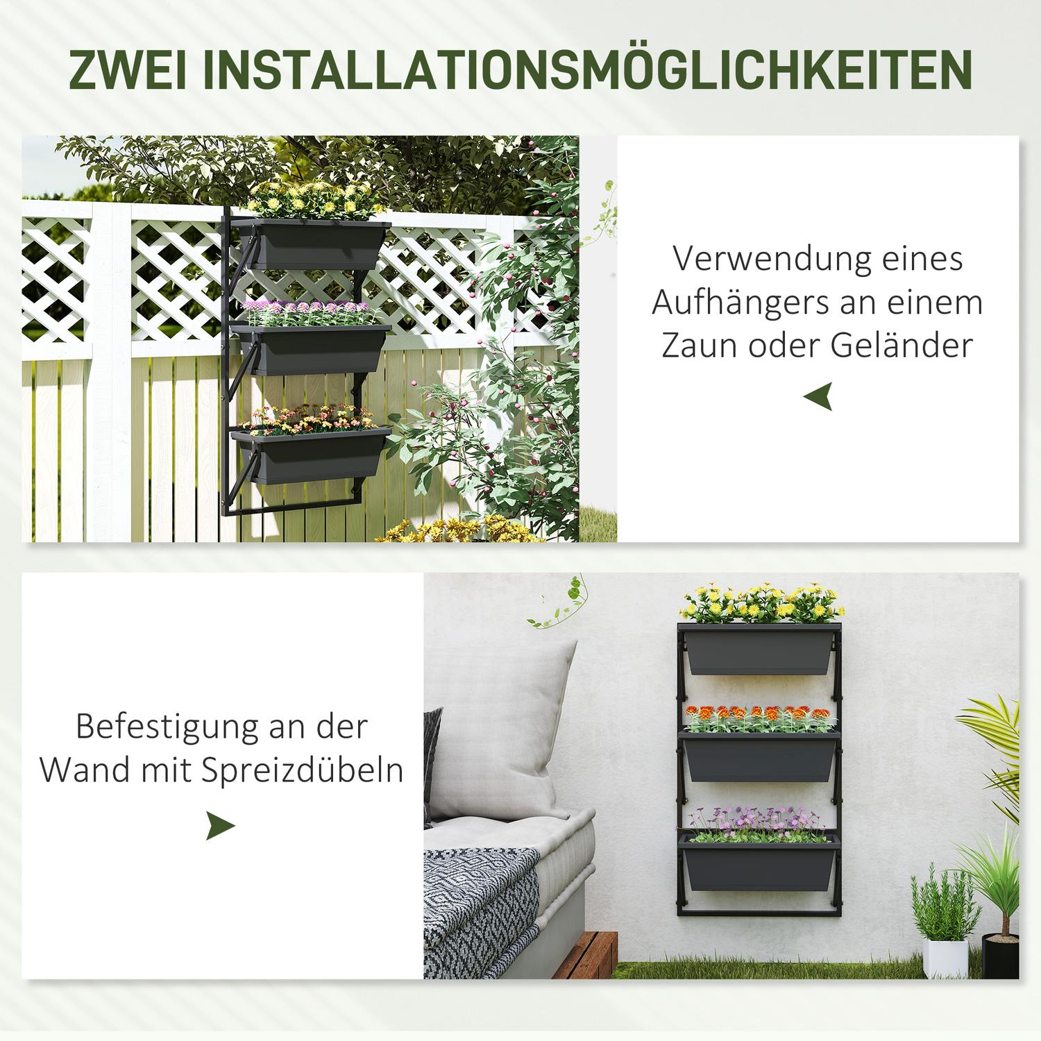 Donkergrijze vierkante plastic bloempotten, 56x42 cm, set van 3