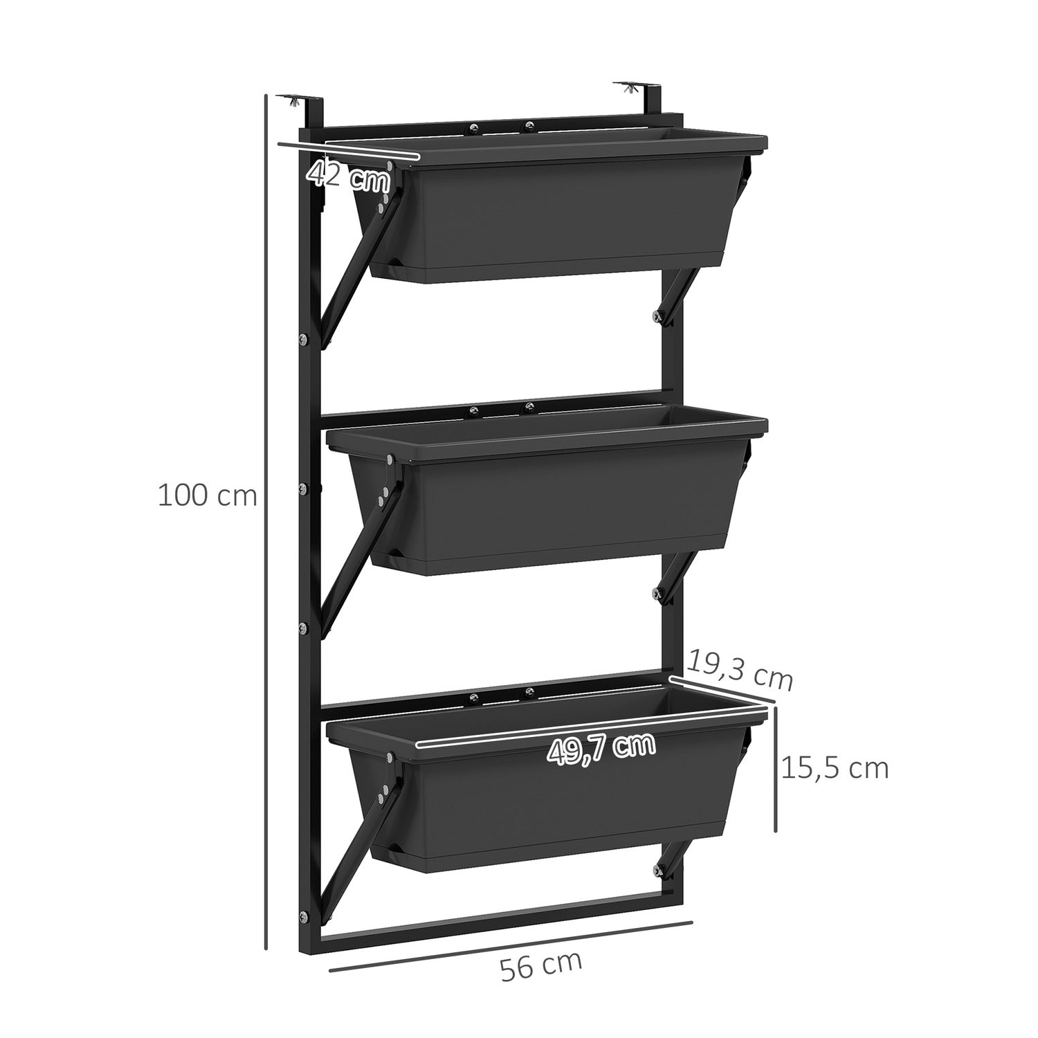 Donkergrijze vierkante plastic bloempotten, 56x42 cm, set van 3