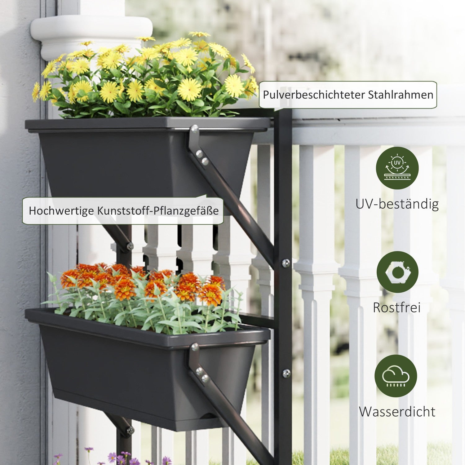 Donkergrijze vierkante plastic bloempotten, 56x42 cm, set van 3
