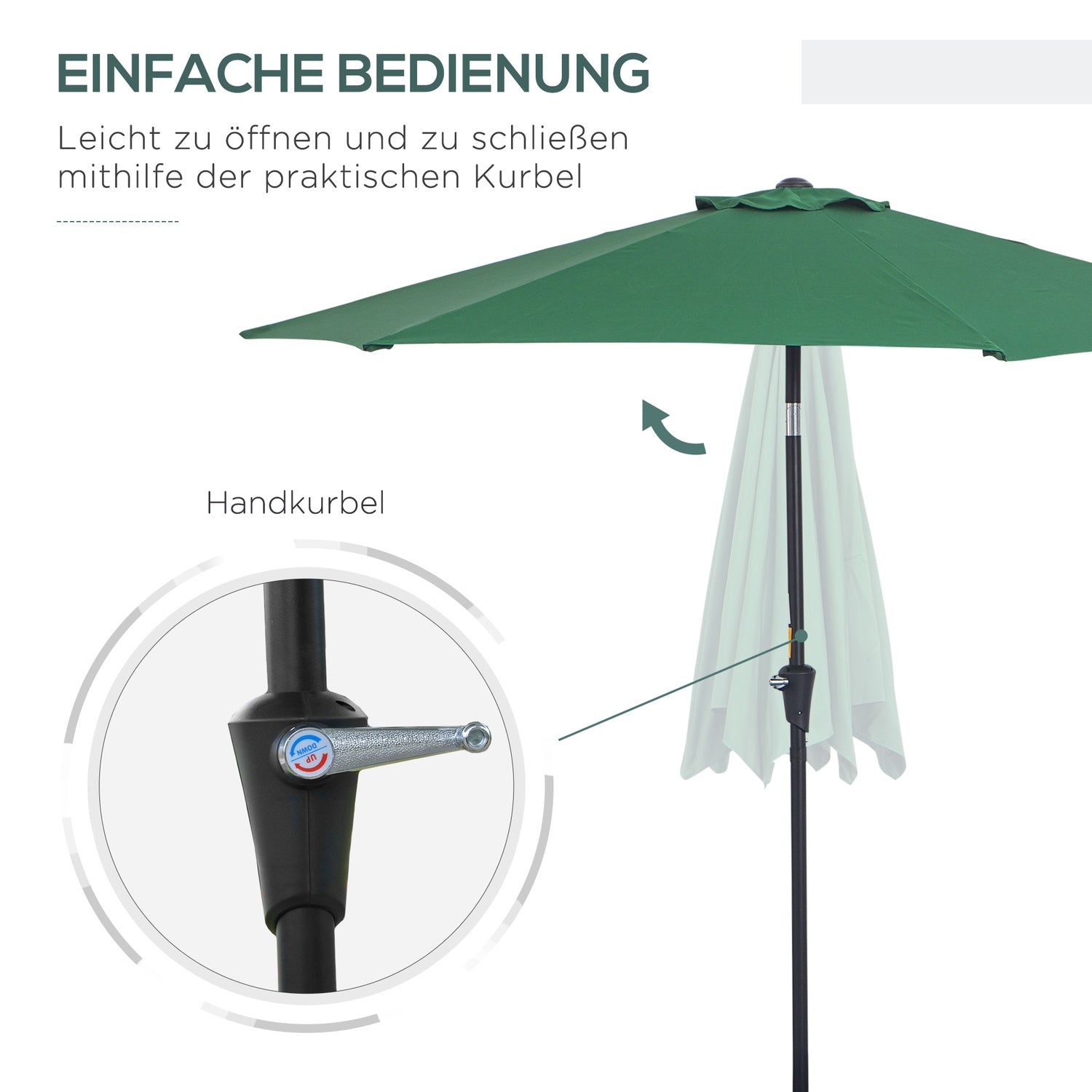 Donkergroene opvouwbare tuinparasol, aluminium, 2,7 m diameter