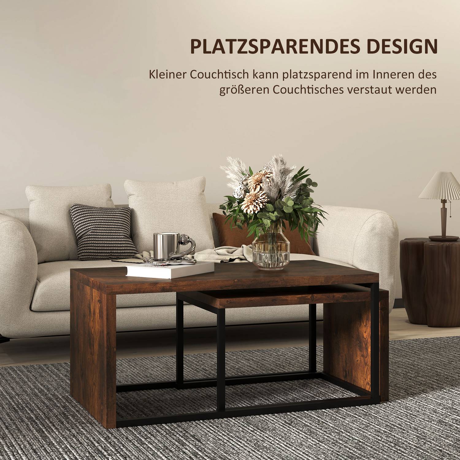 Ensemble de tables basses multifonction – piètement en métal noir et marron