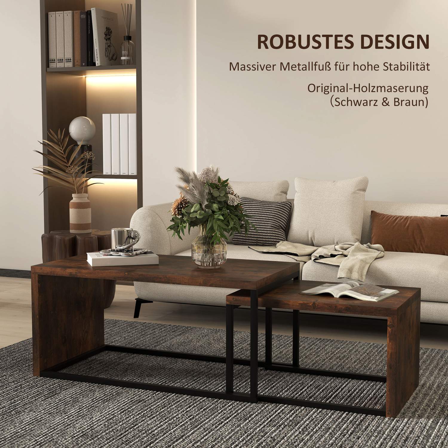 Ensemble de tables basses multifonction – piètement en métal noir et marron