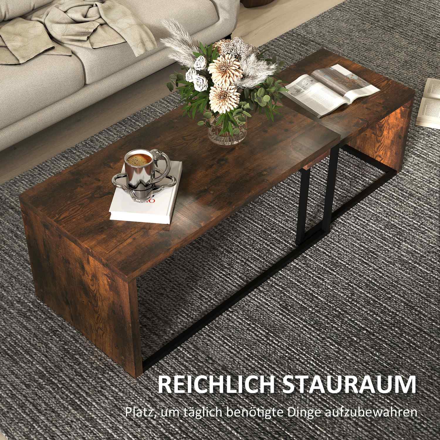 Ensemble de tables basses multifonction – piètement en métal noir et marron