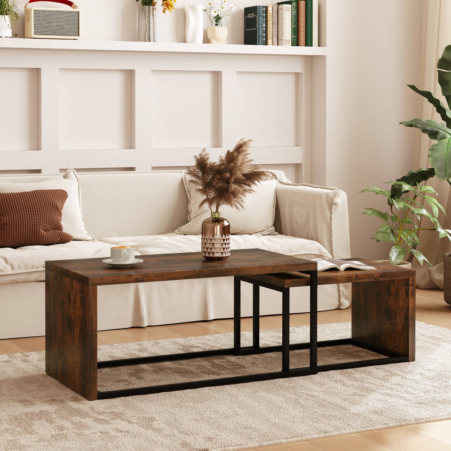 Ensemble de tables basses multifonction – piètement en métal noir et marron