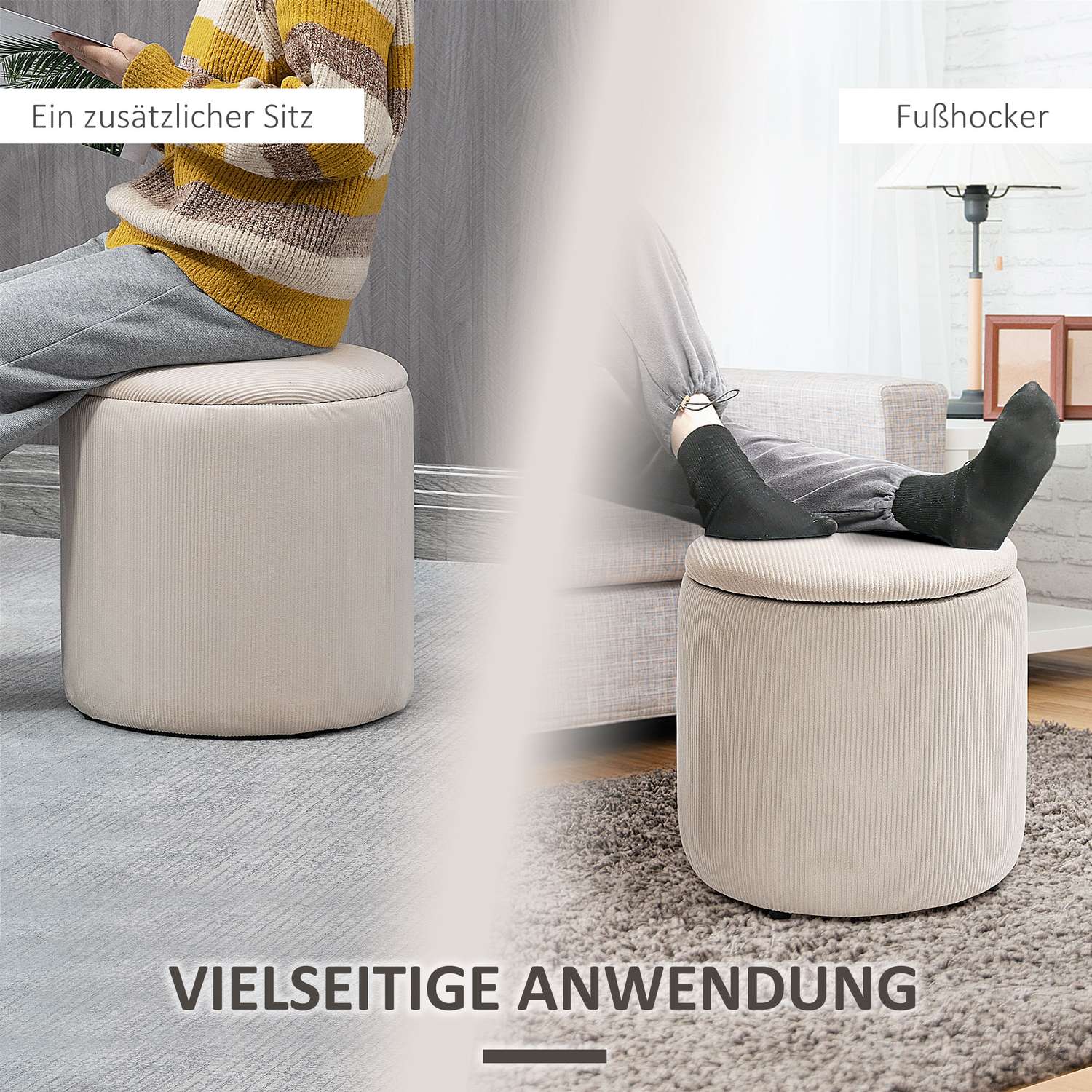 Ottomaanse kruk, set van twee, met opbergruimte, zachte bekleding, corduroy-look, crèmewit, 40 x 40 x 41 cm