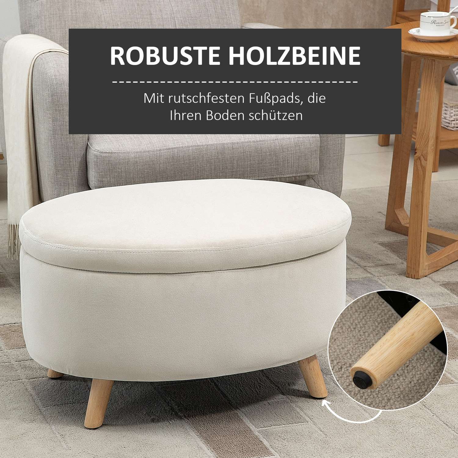 Oval stoppad förvaringsbänk - sammetslook, beige, 71x51,5x42 cm