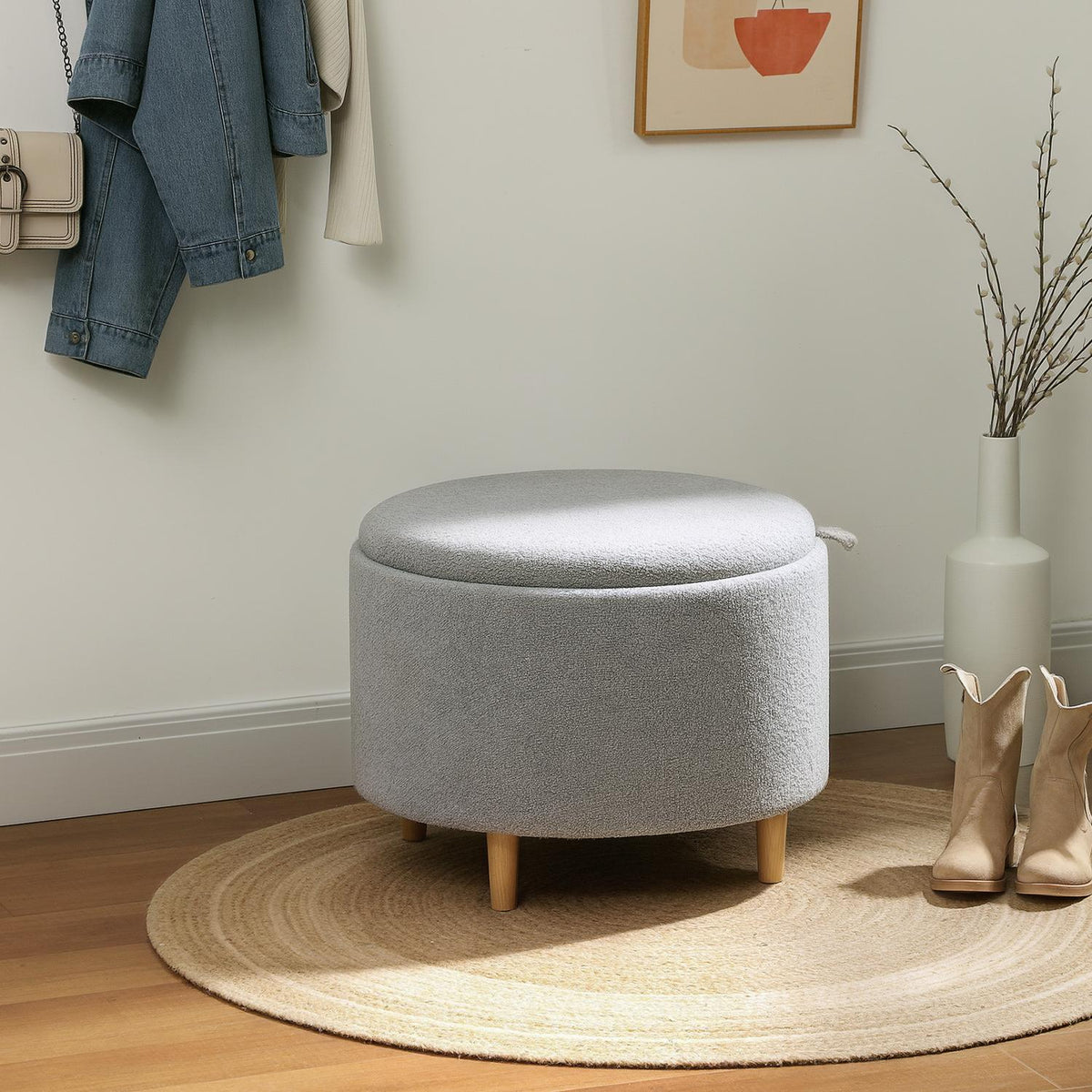 Poef, gevulde poef, teddyfleece, verborgen opbergruimte, omkeerbare deksel, 56 cm x 56 cm x 42 cm, grijs