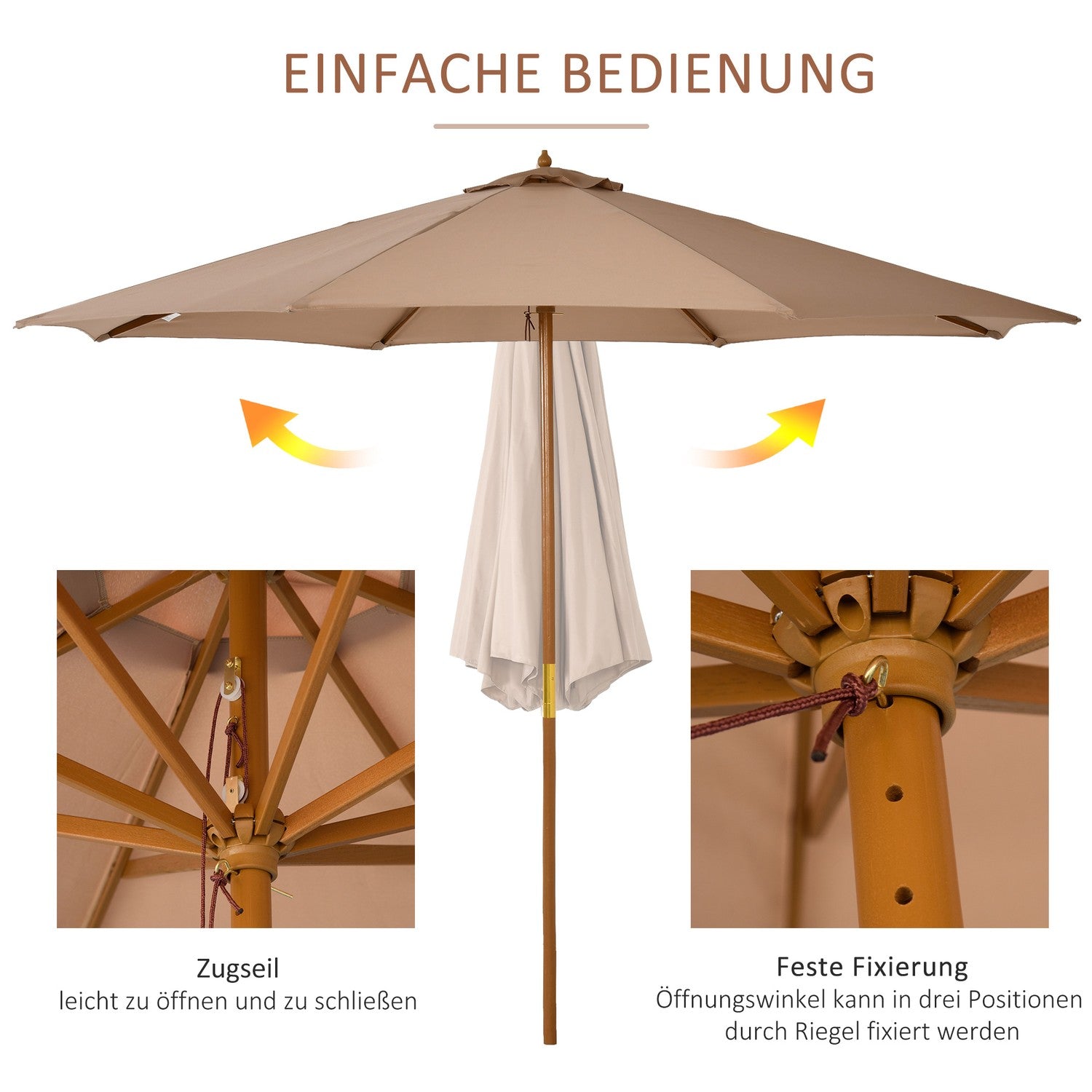 Houten terrasparasol, 300 cm, Bamboe frame, Khaki