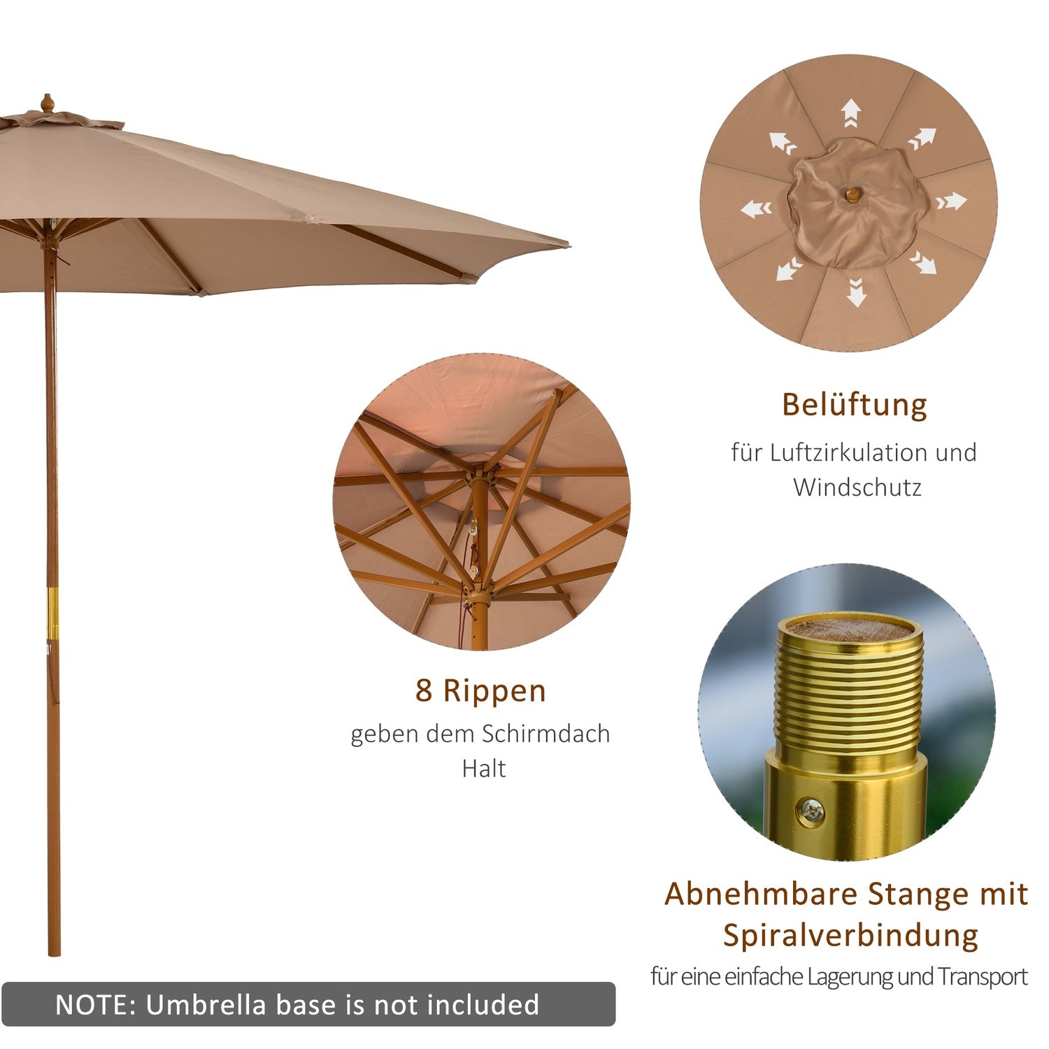 Houten terrasparasol, 300 cm, Bamboe frame, Khaki