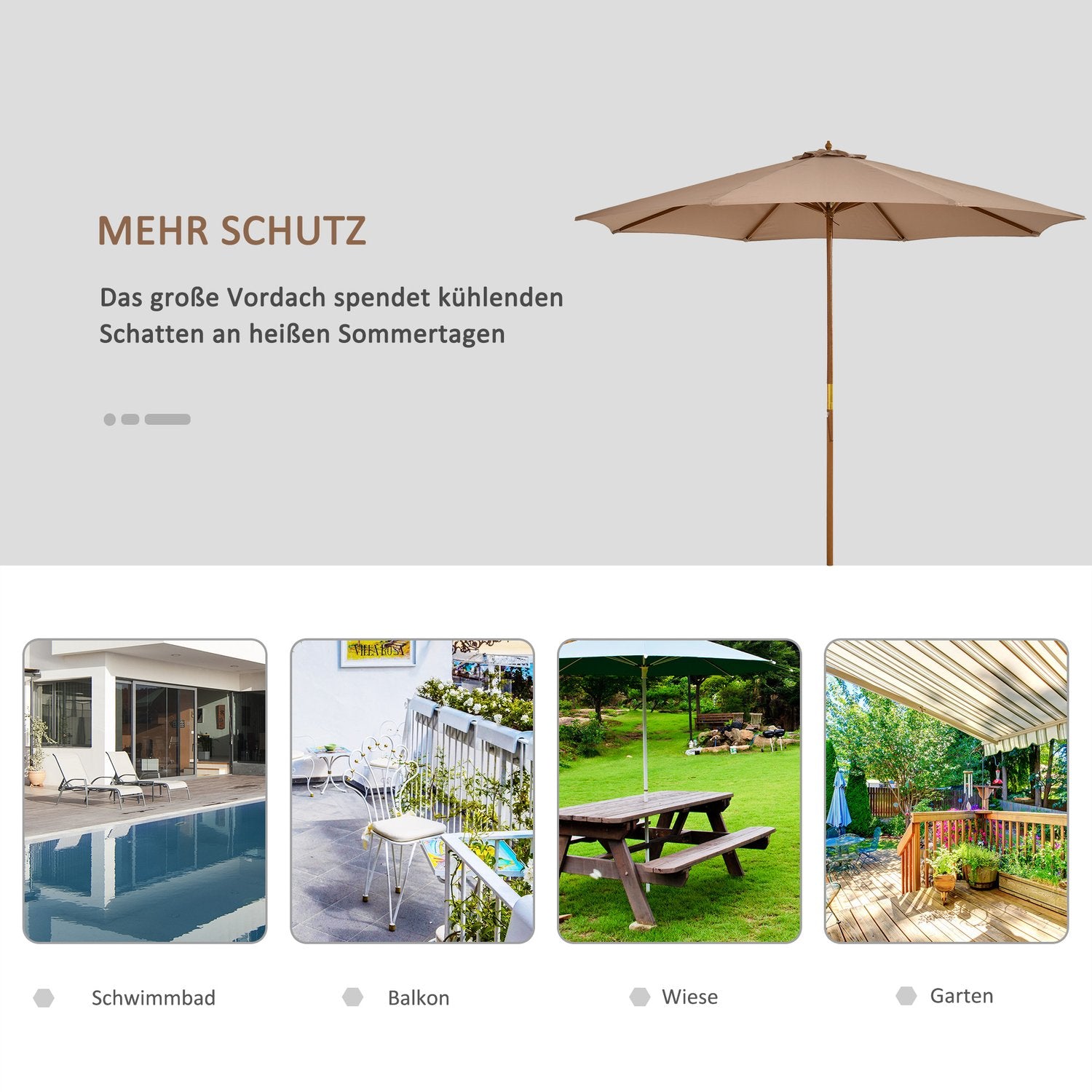 Houten terrasparasol, 300 cm, Bamboe frame, Khaki