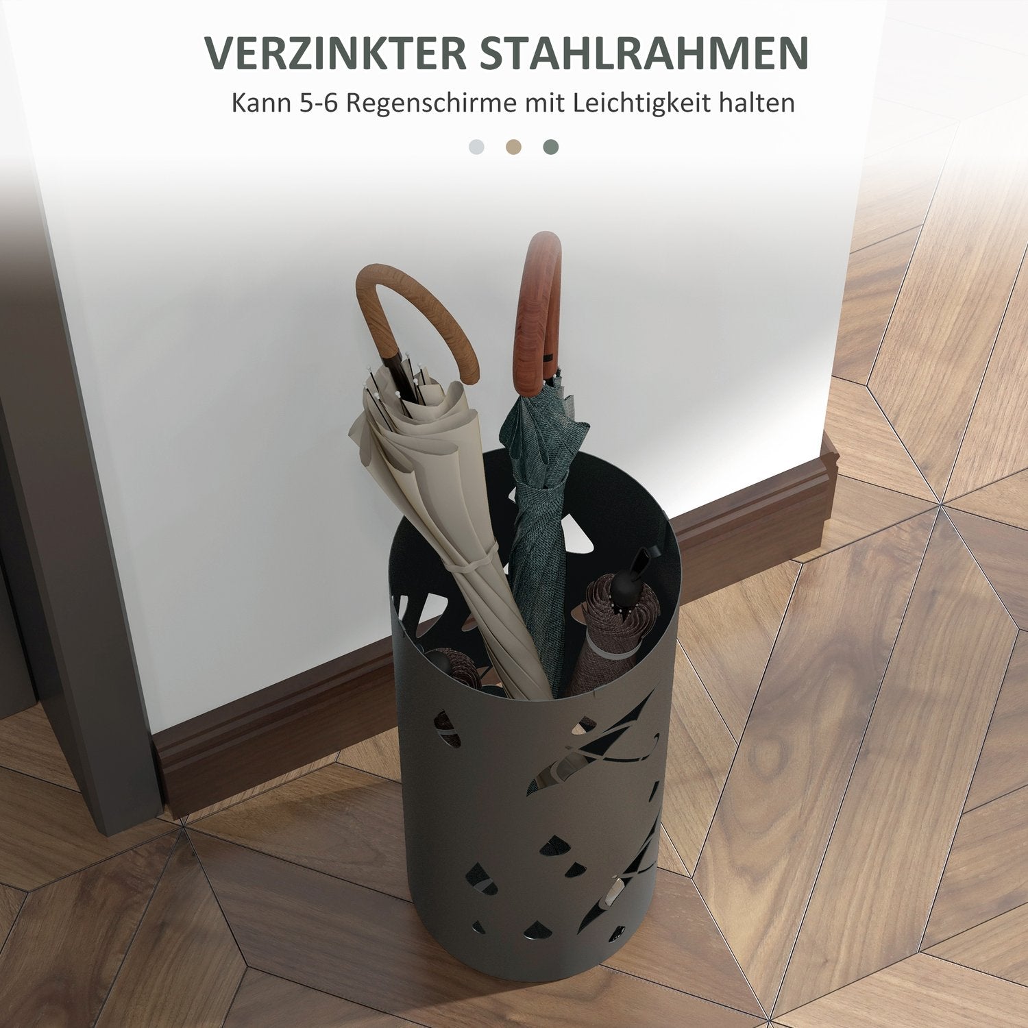 Stalen paraplustandaard met haken en lekbak, donkergrijs