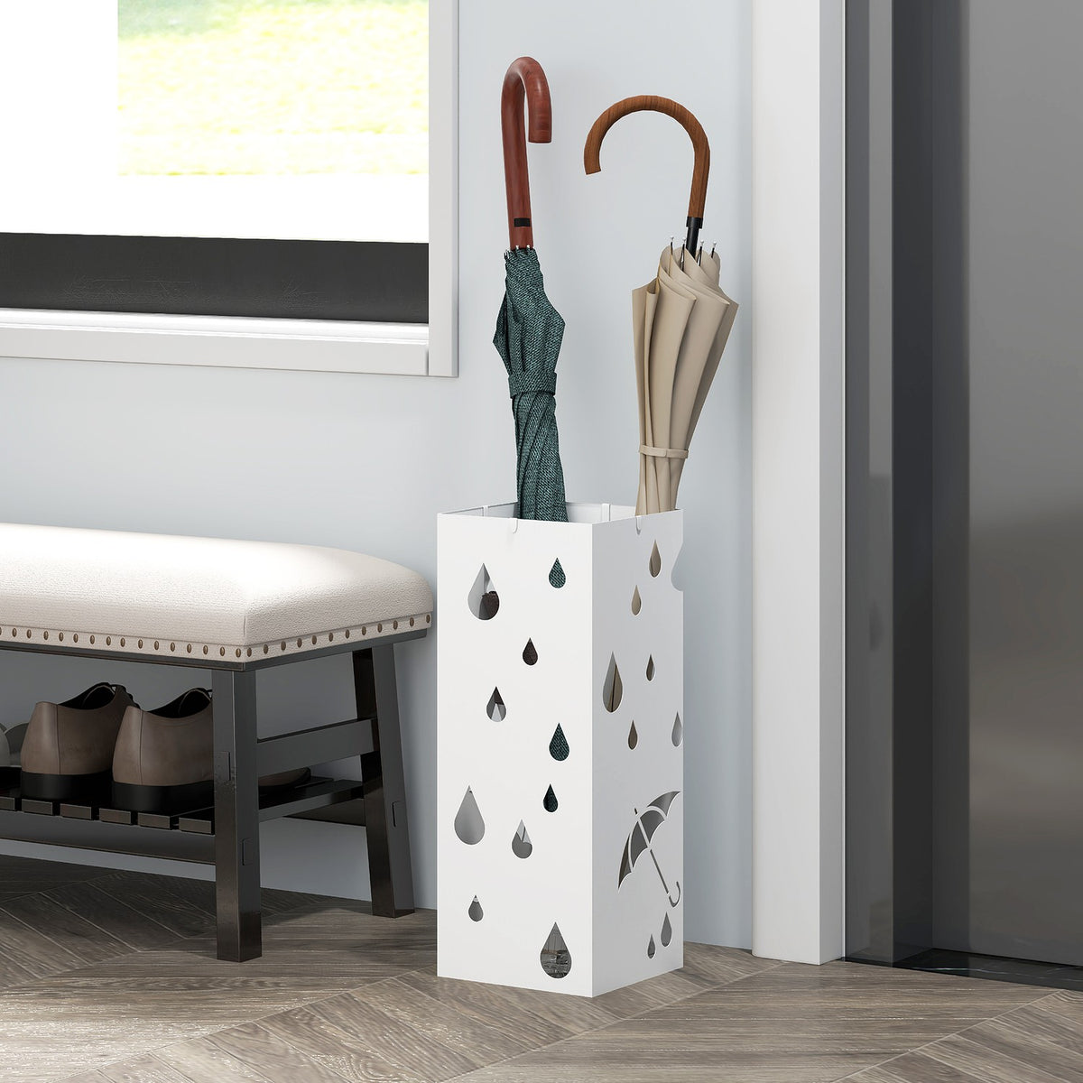 Paraplubak van staal met haken en lekbak – Wit