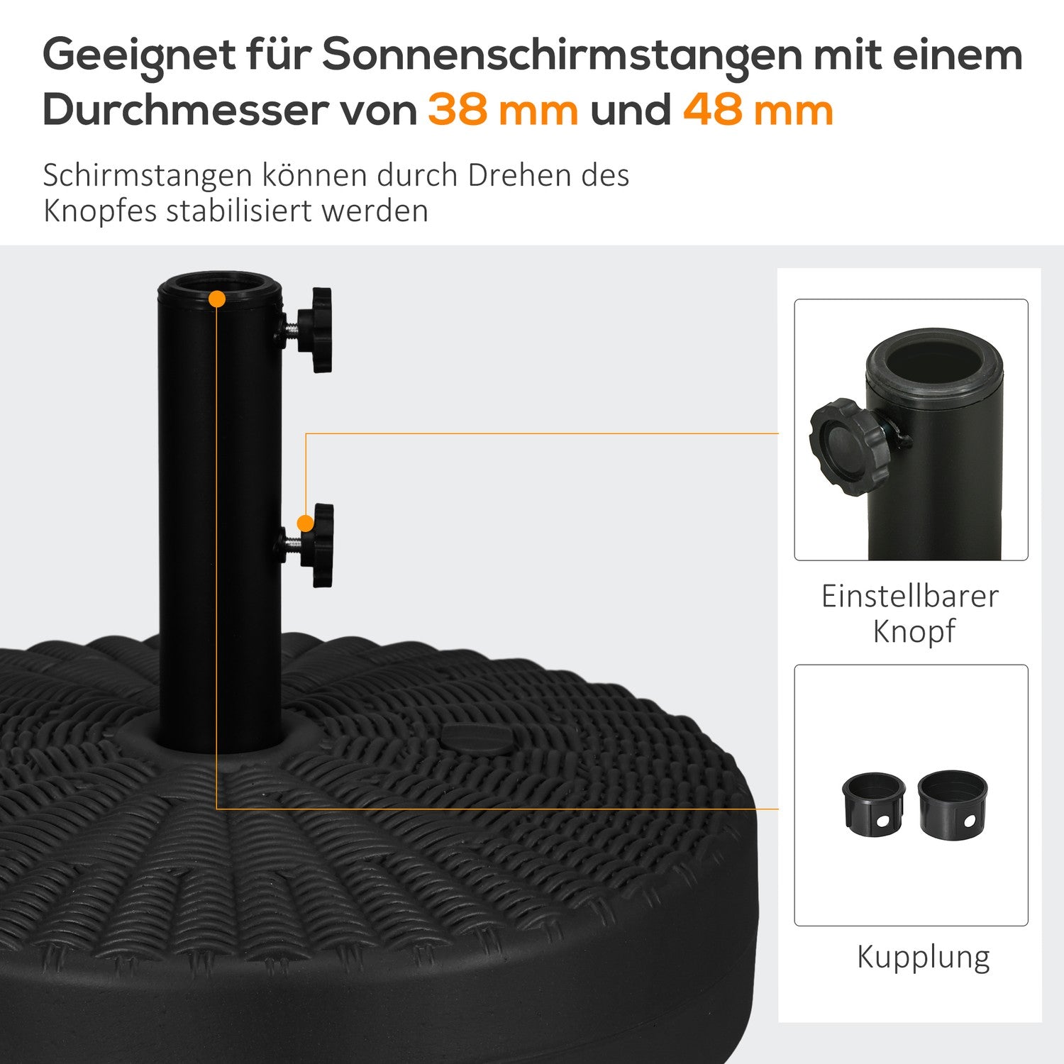 Parasolvoet 29 kg, zwart, rotanlook, geschikt voor Ø38/48 mm stokken