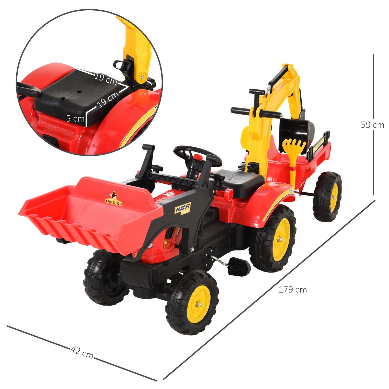 Kindertraktor met pedalen, aanhanger en voorlader, rood