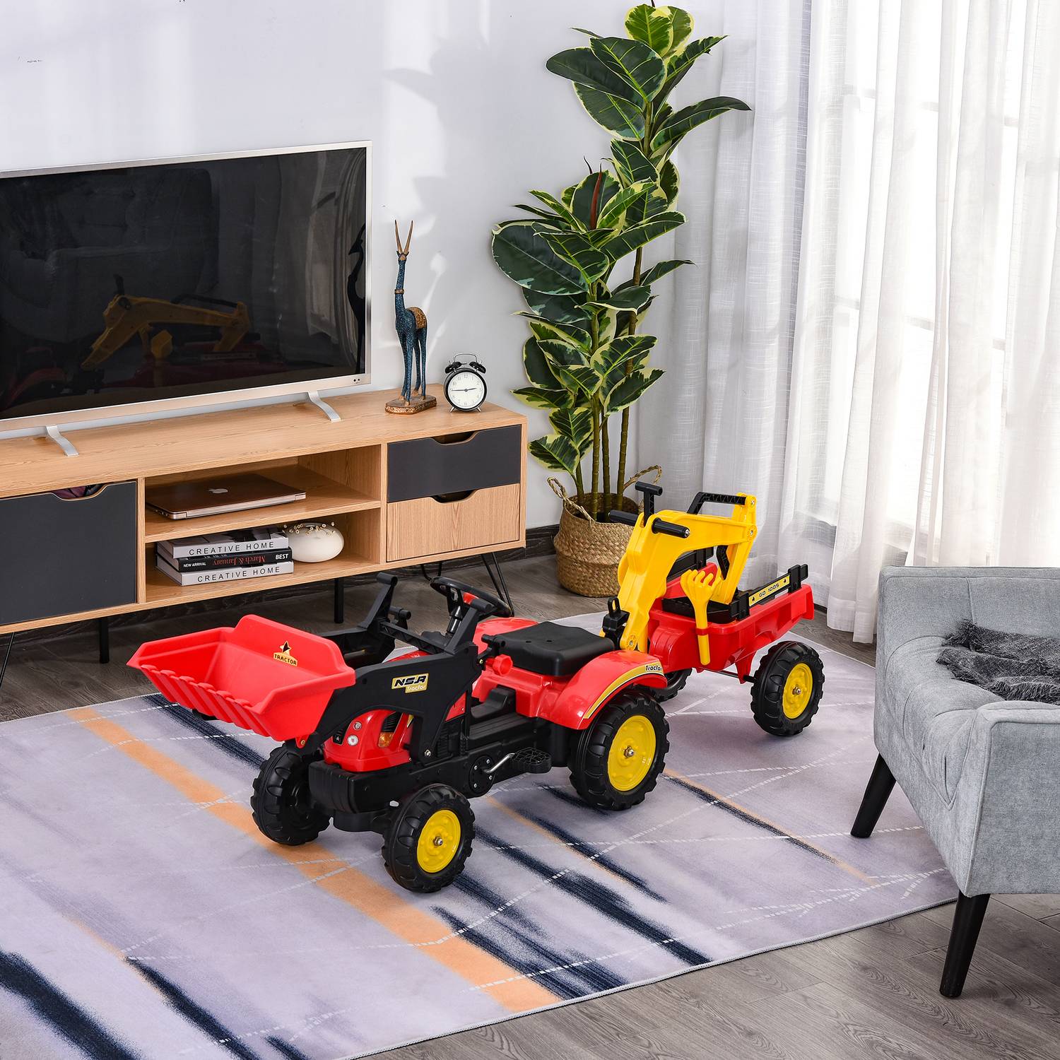 Kindertraktor met pedalen, aanhanger en voorlader, rood