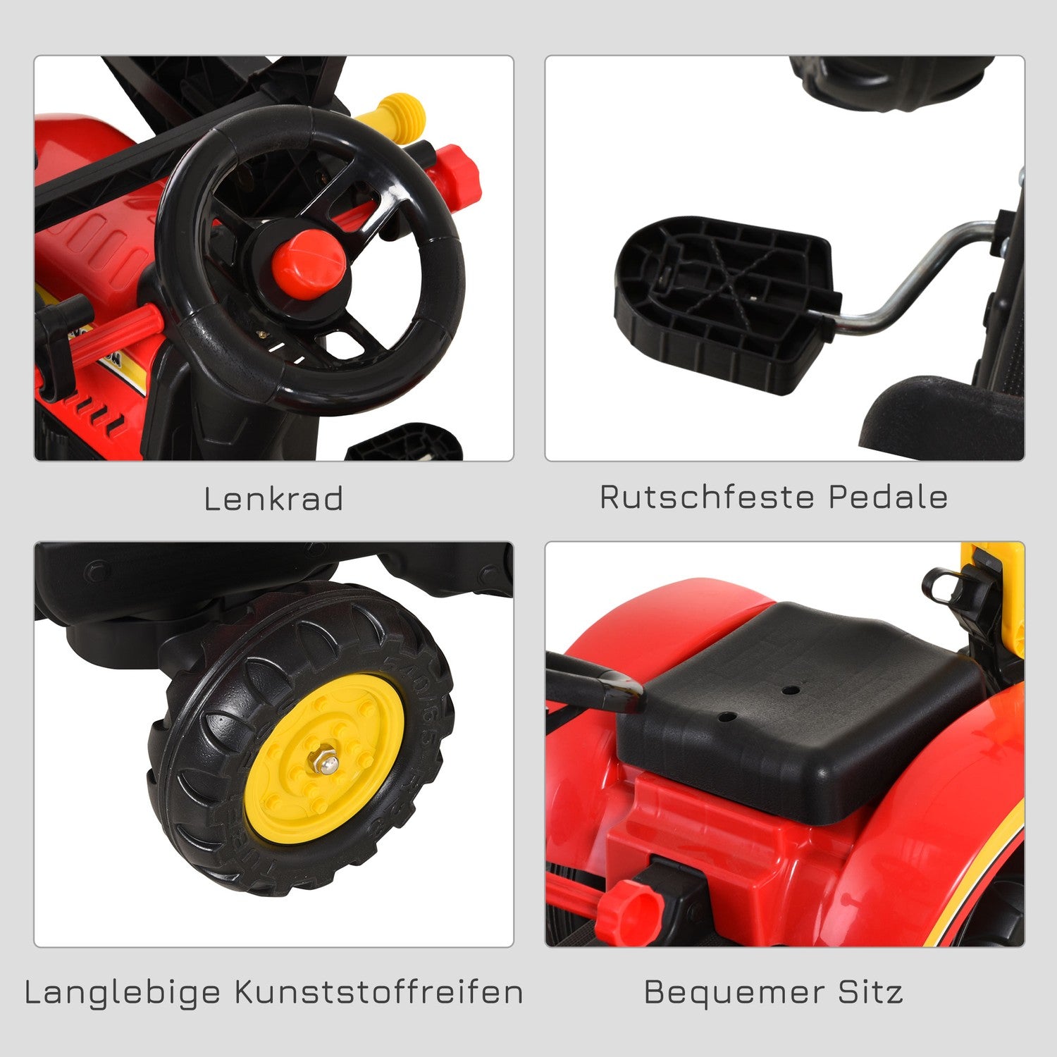 Kindertraktor met pedalen, aanhanger en voorlader, rood