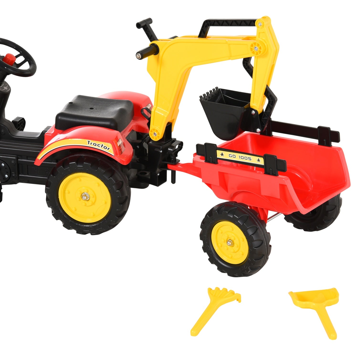 Kindertraktor met pedalen, aanhanger en voorlader, rood