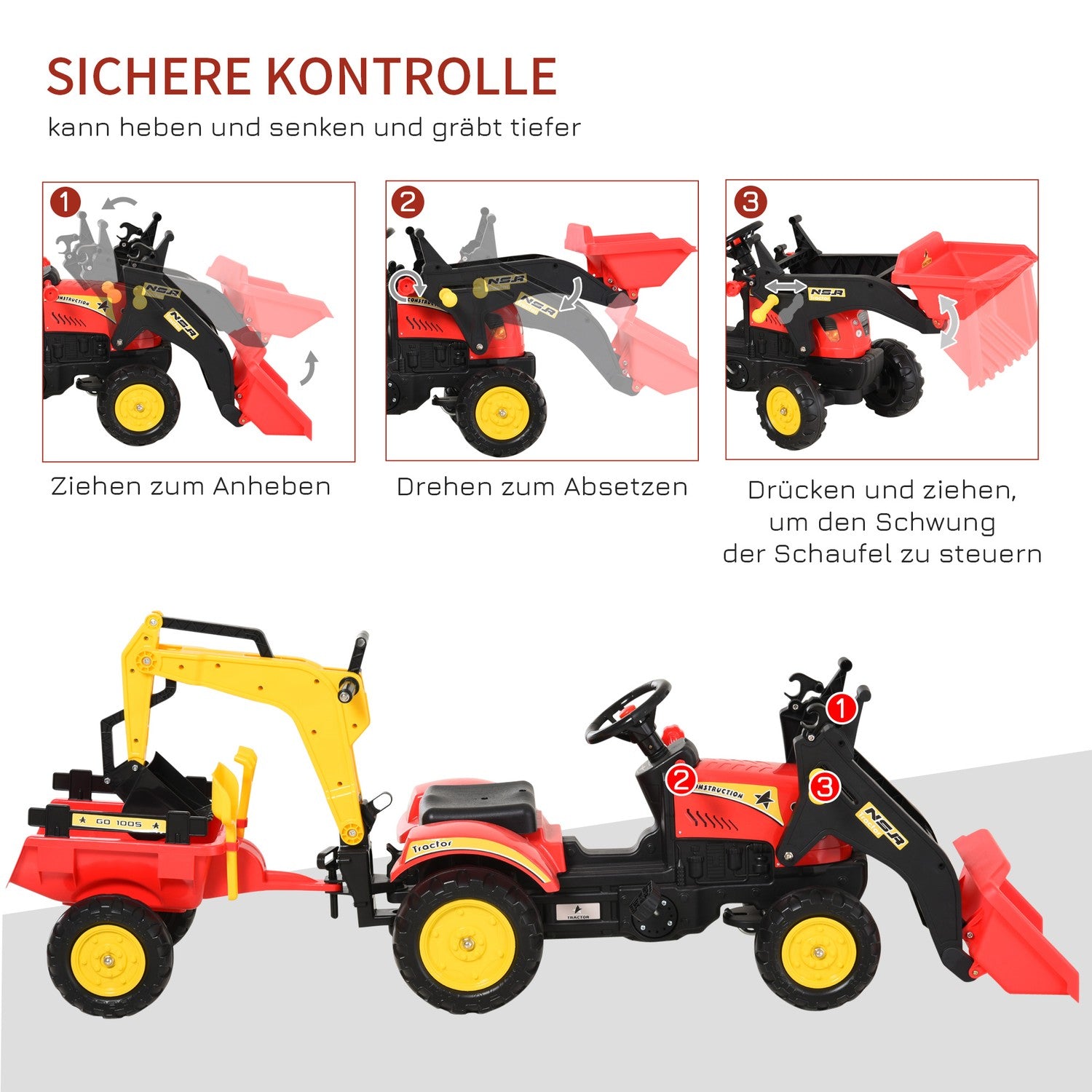 Kindertraktor met pedalen, aanhanger en voorlader, rood