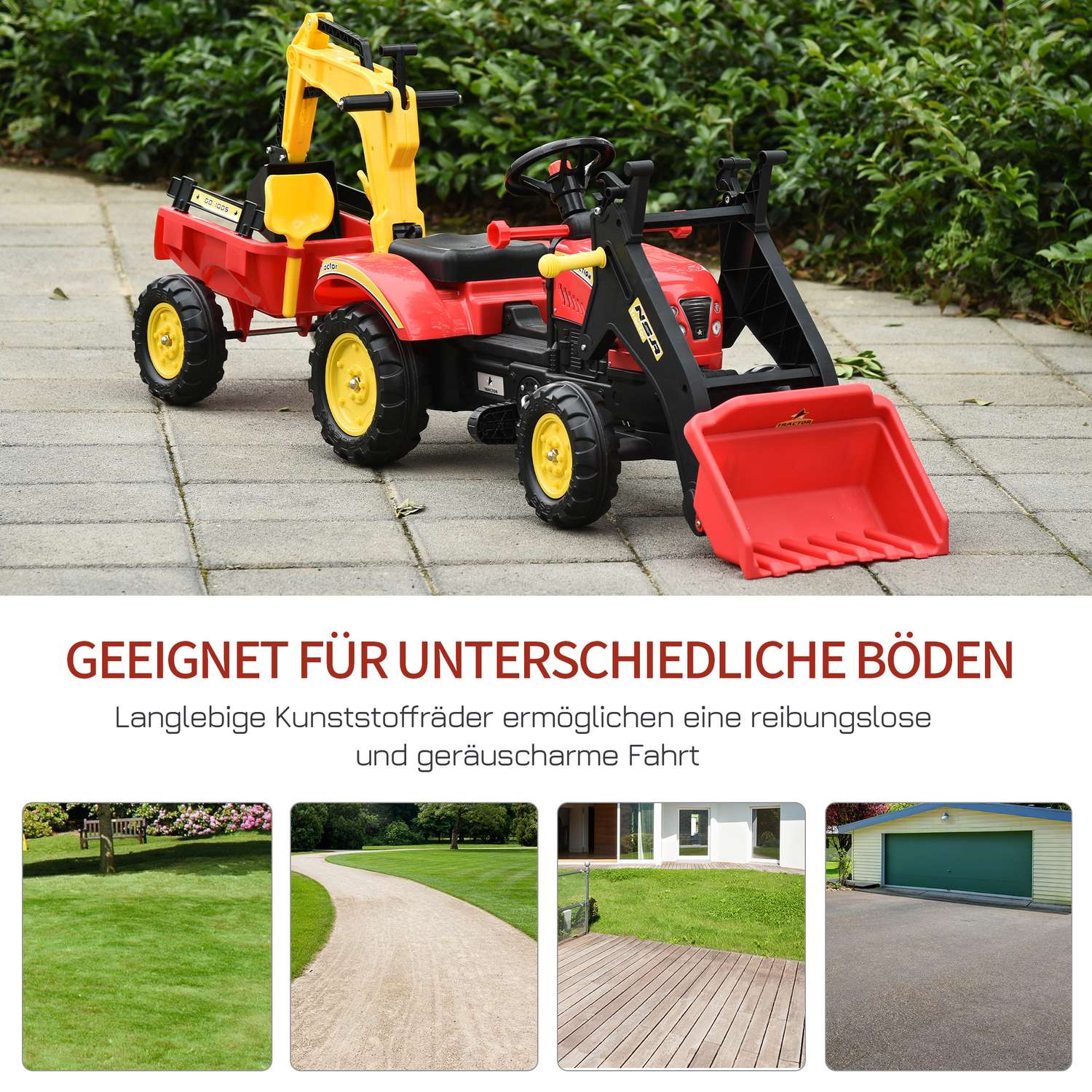 Kindertraktor met pedalen, aanhanger en voorlader, rood