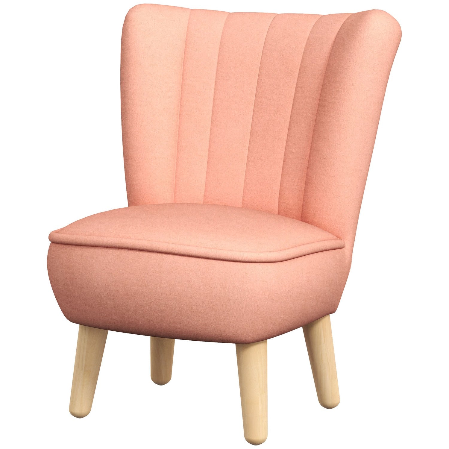 Roze Fluweel Kinderfauteuil, 3-7 jaar, houten poten