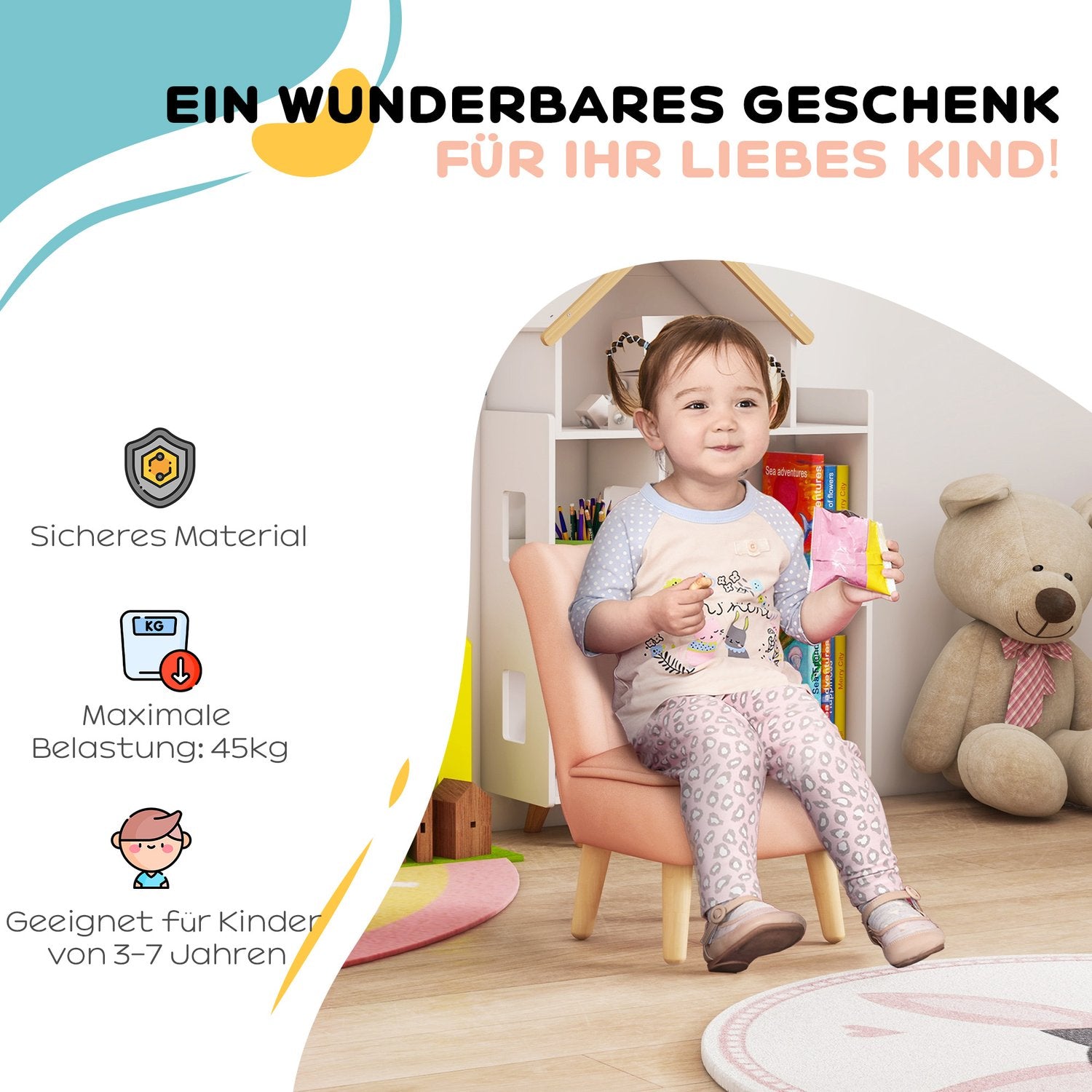Roze Fluweel Kinderfauteuil, 3-7 jaar, houten poten