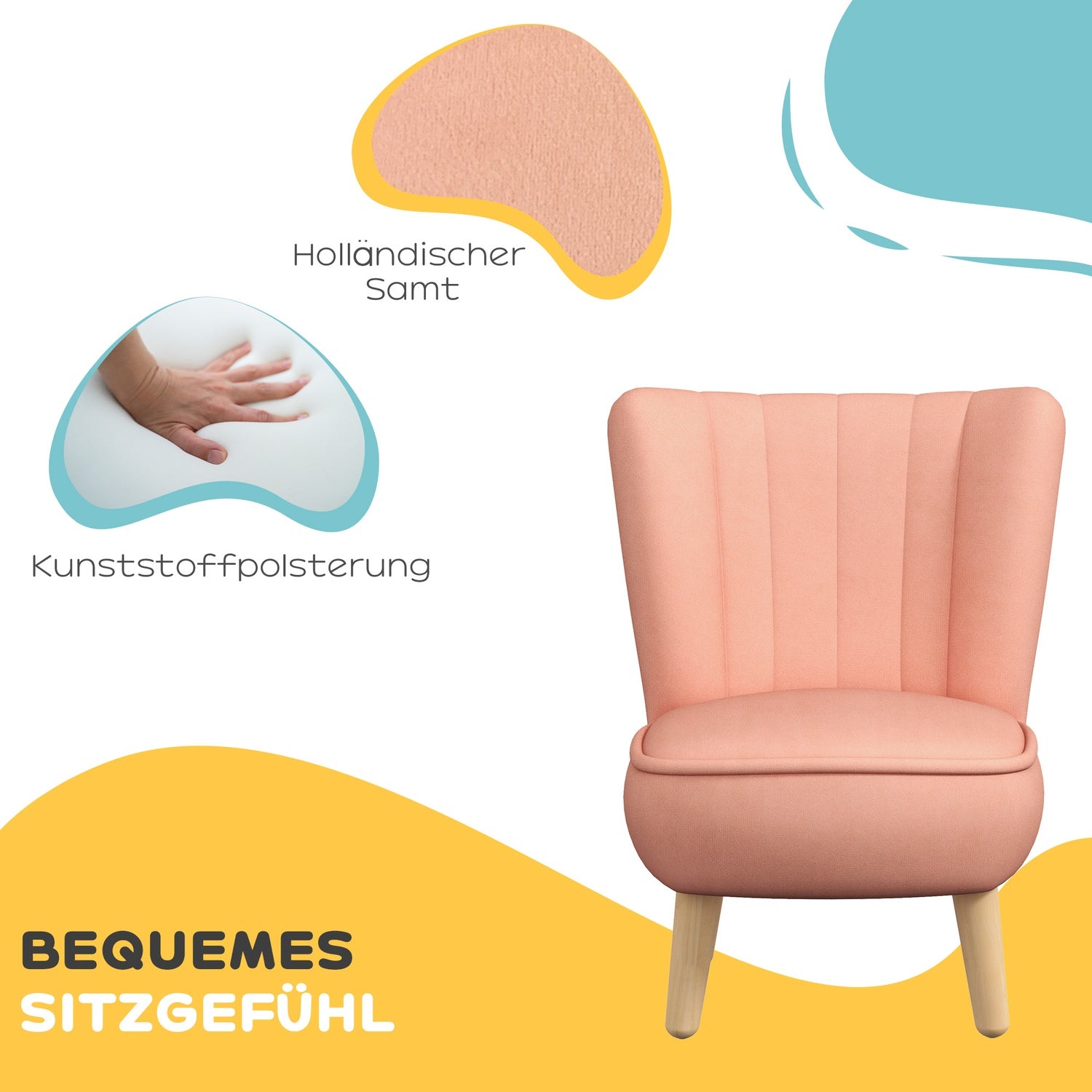 Roze Fluweel Kinderfauteuil, 3-7 jaar, houten poten