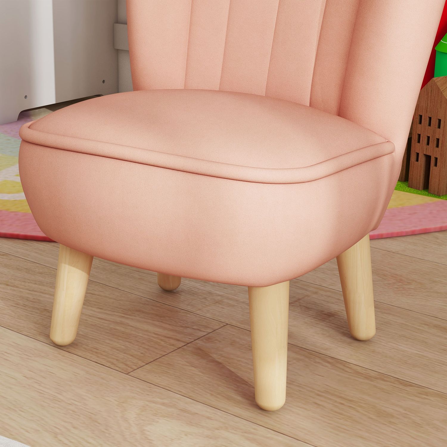 Roze Fluweel Kinderfauteuil, 3-7 jaar, houten poten