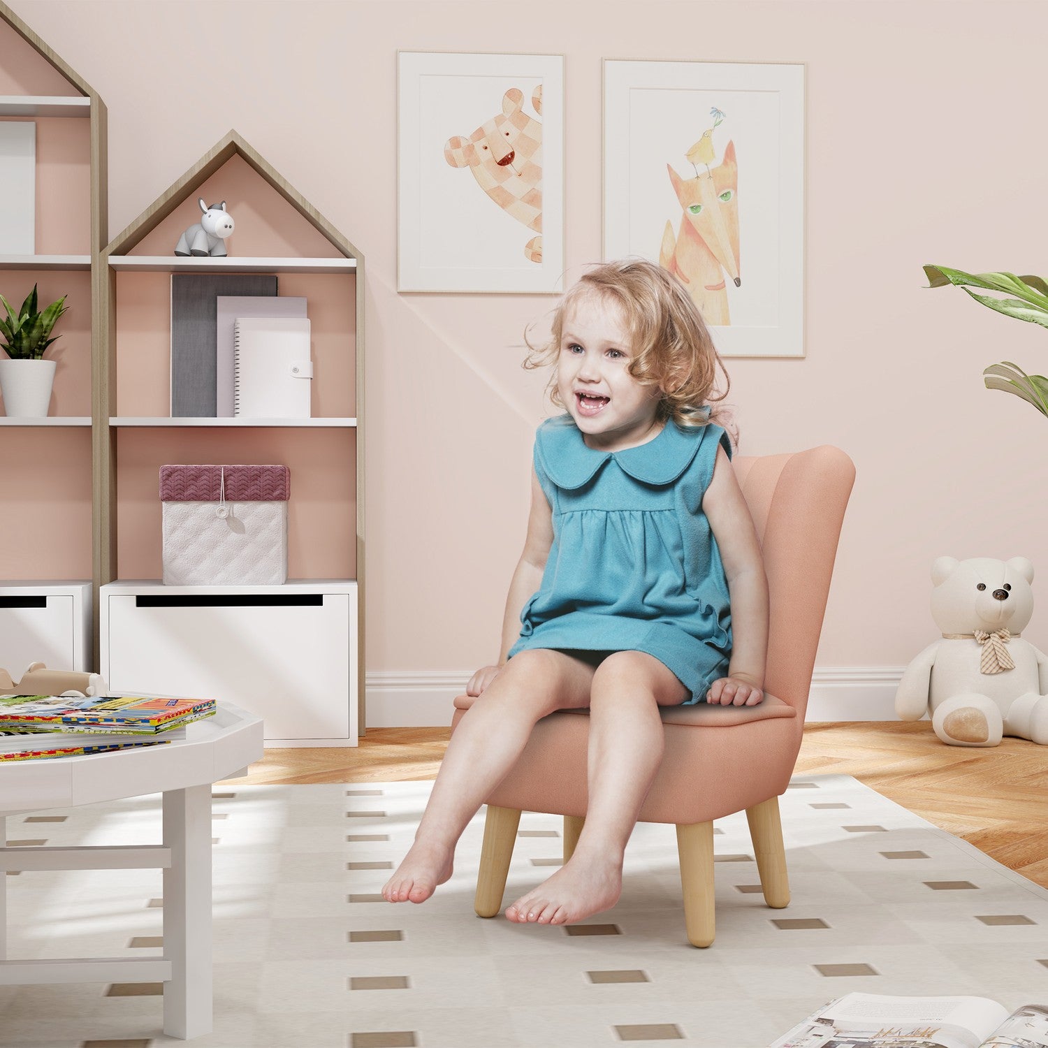 Roze Fluweel Kinderfauteuil, 3-7 jaar, houten poten