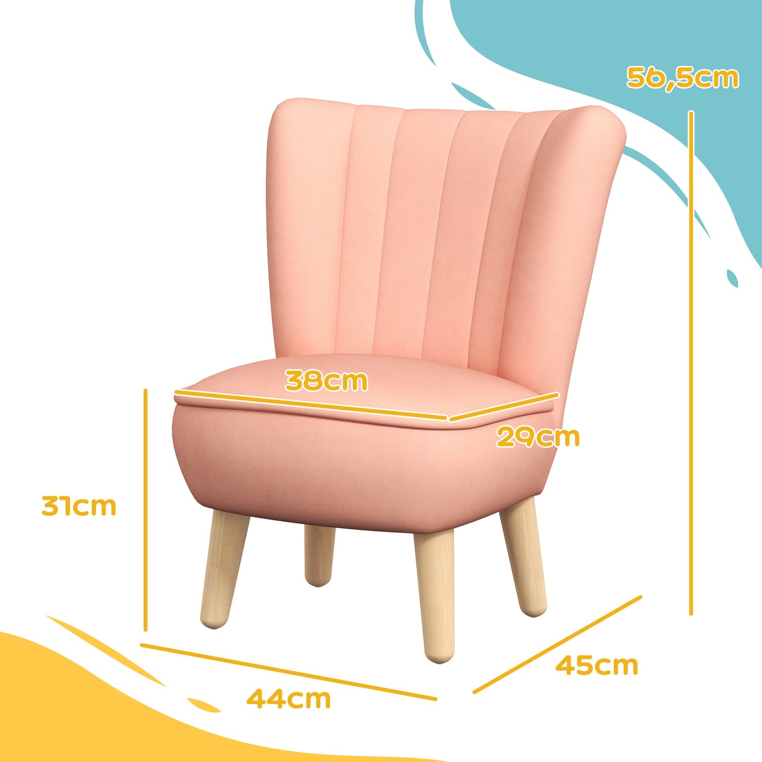 Roze Fluweel Kinderfauteuil, 3-7 jaar, houten poten
