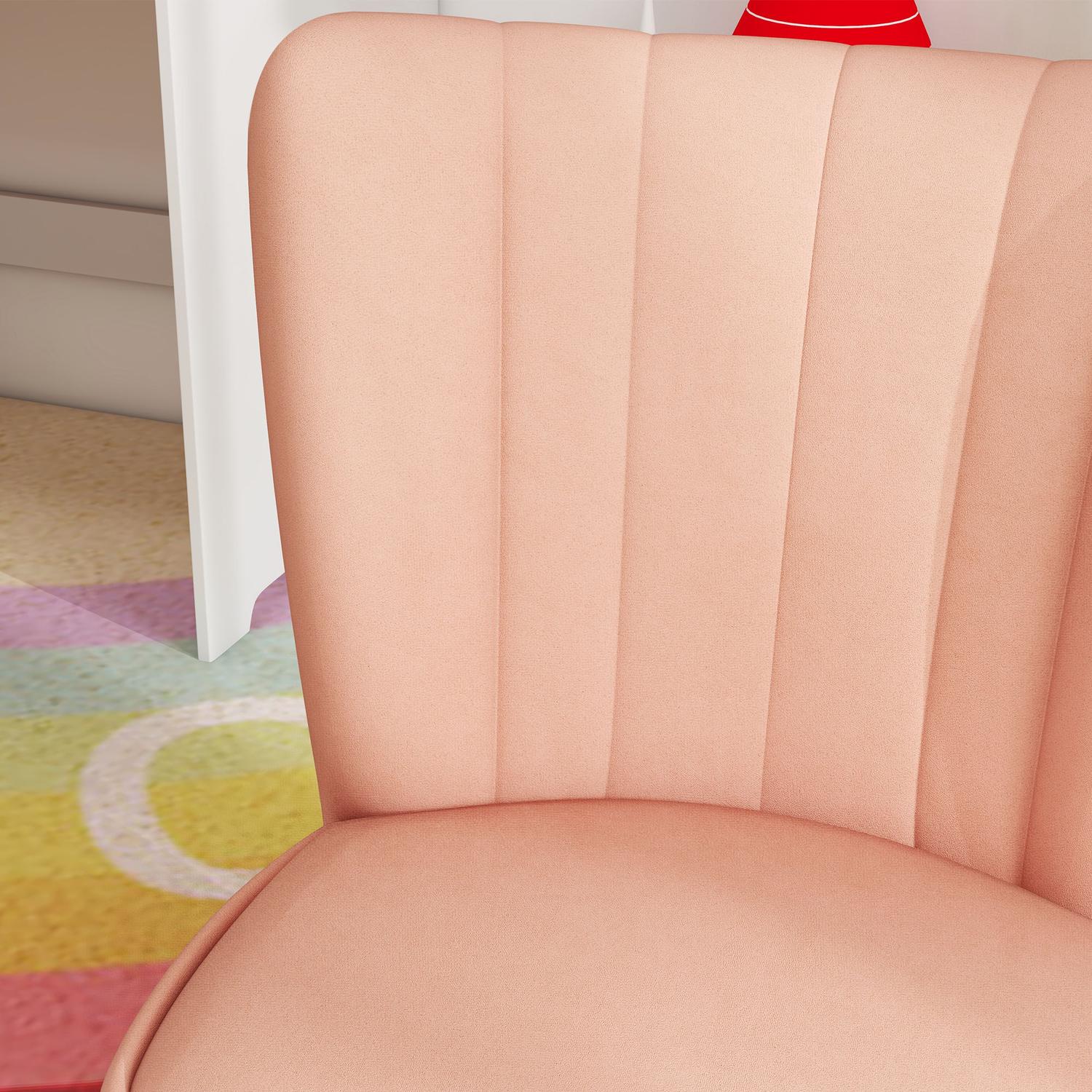 Roze Fluweel Kinderfauteuil, 3-7 jaar, houten poten