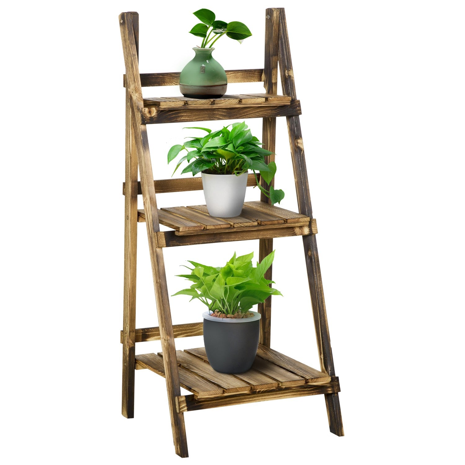 Plantenrek van 3 verdiepingen, sparrenhout, donkerbruin – 40 x 37 x 93 cm
