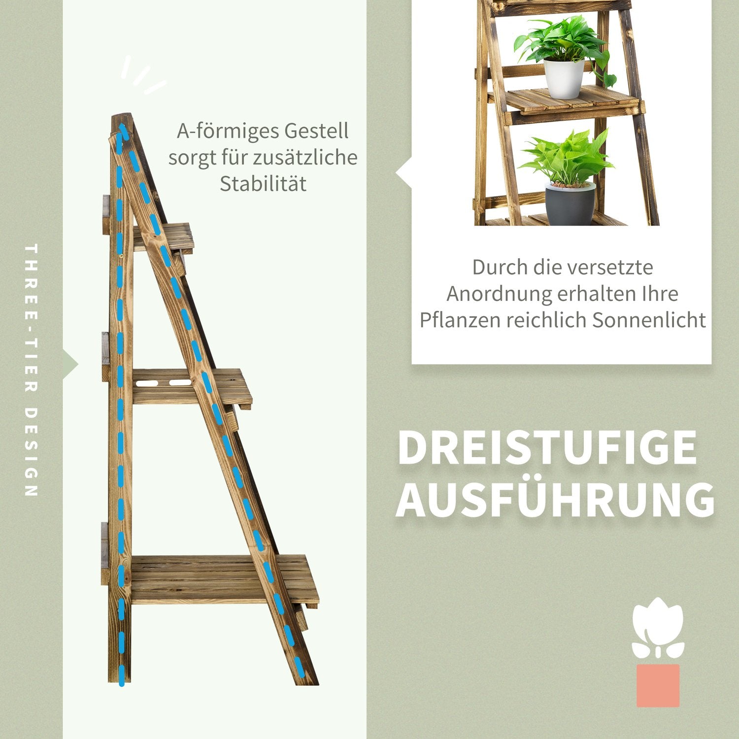 Plantenrek van 3 verdiepingen, sparrenhout, donkerbruin – 40 x 37 x 93 cm