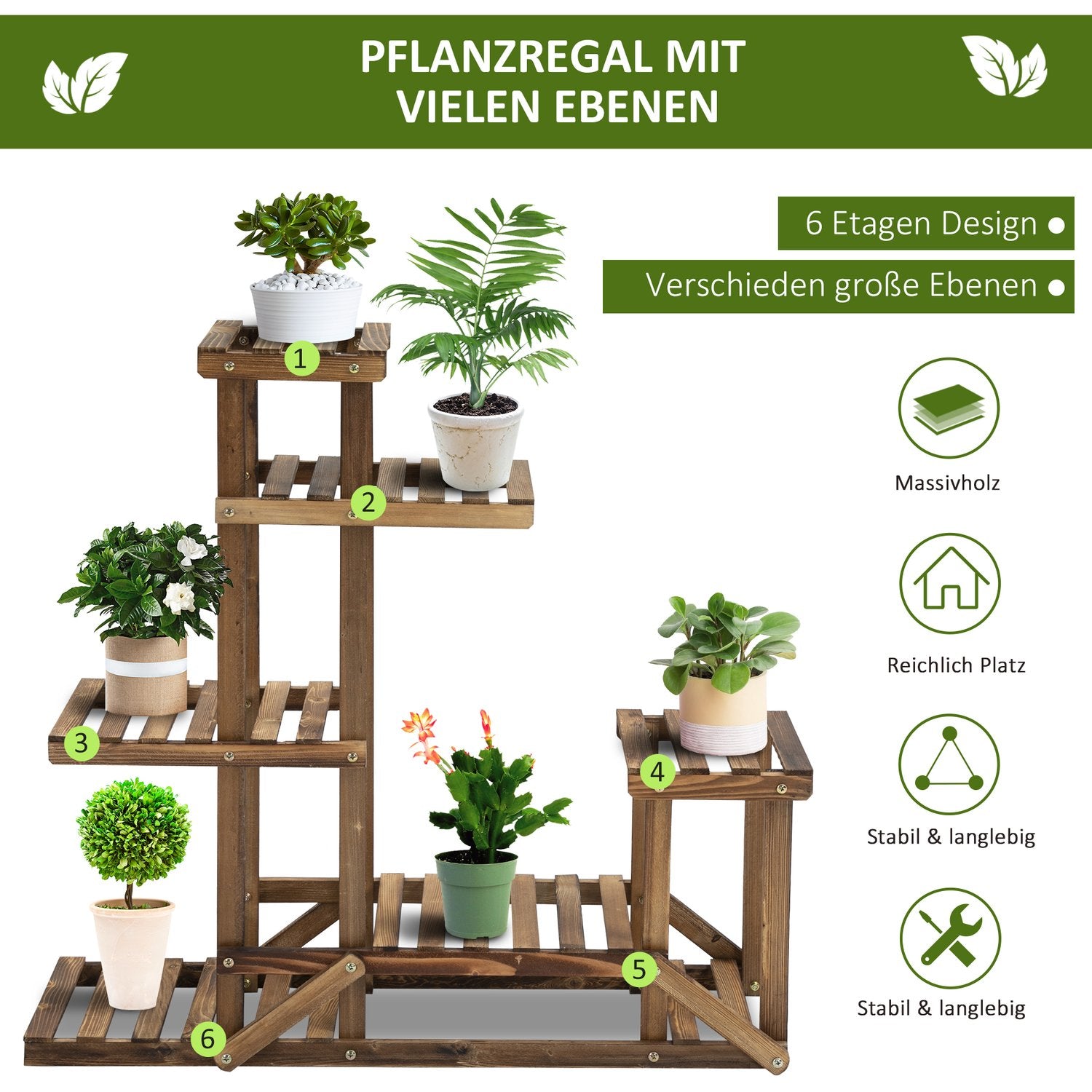 Planthylla i massivt trä – 6-vånings blomsterställ för trädgård