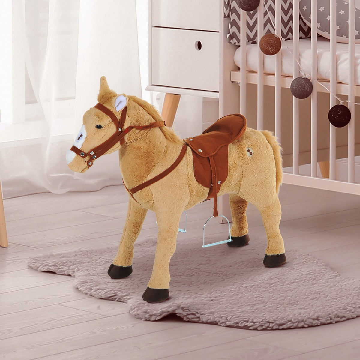 Pluchen hobbelpaard met geluid voor kinderen, Beige, 85 cm