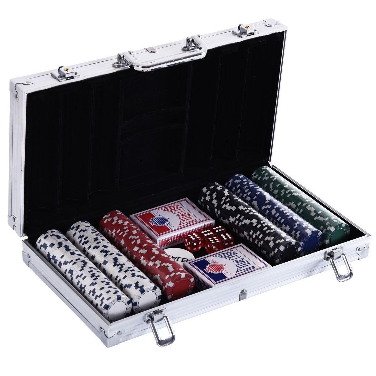 Pokerset – 300 fiches, 2 kaartspellen, 5 dobbelstenen, aluminium koffer