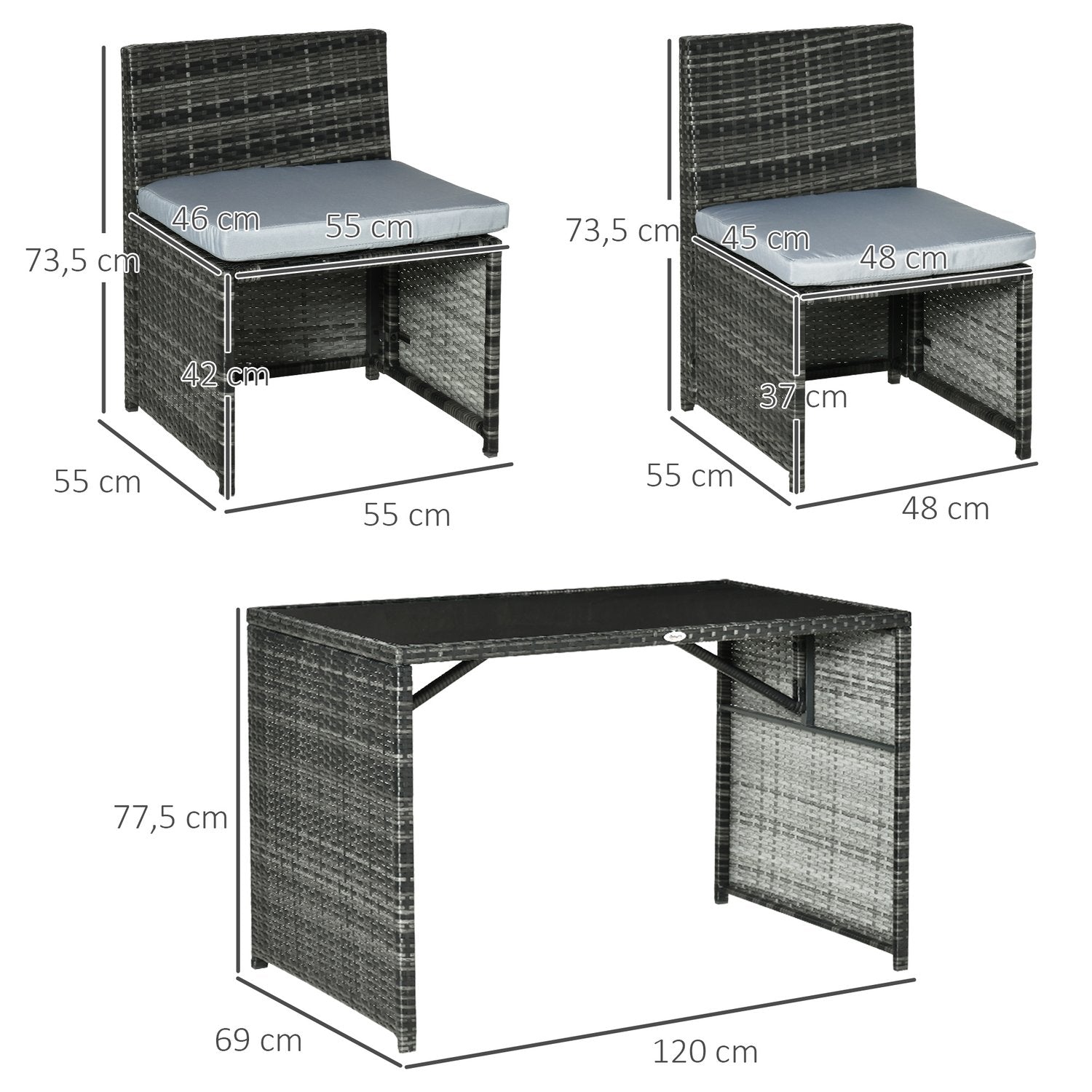 Polyrattan tuinset voor 4 personen, Stalen frame, Grijs