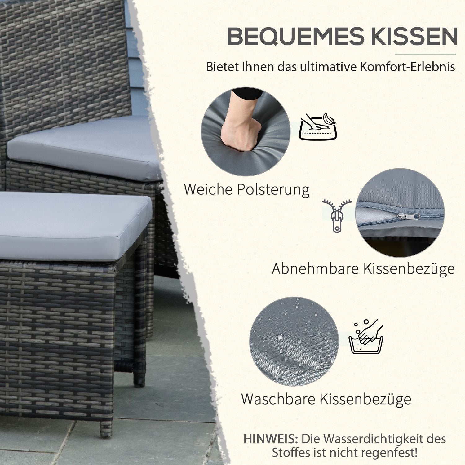 Polyrattan tuinset voor 4 personen, Stalen frame, Grijs