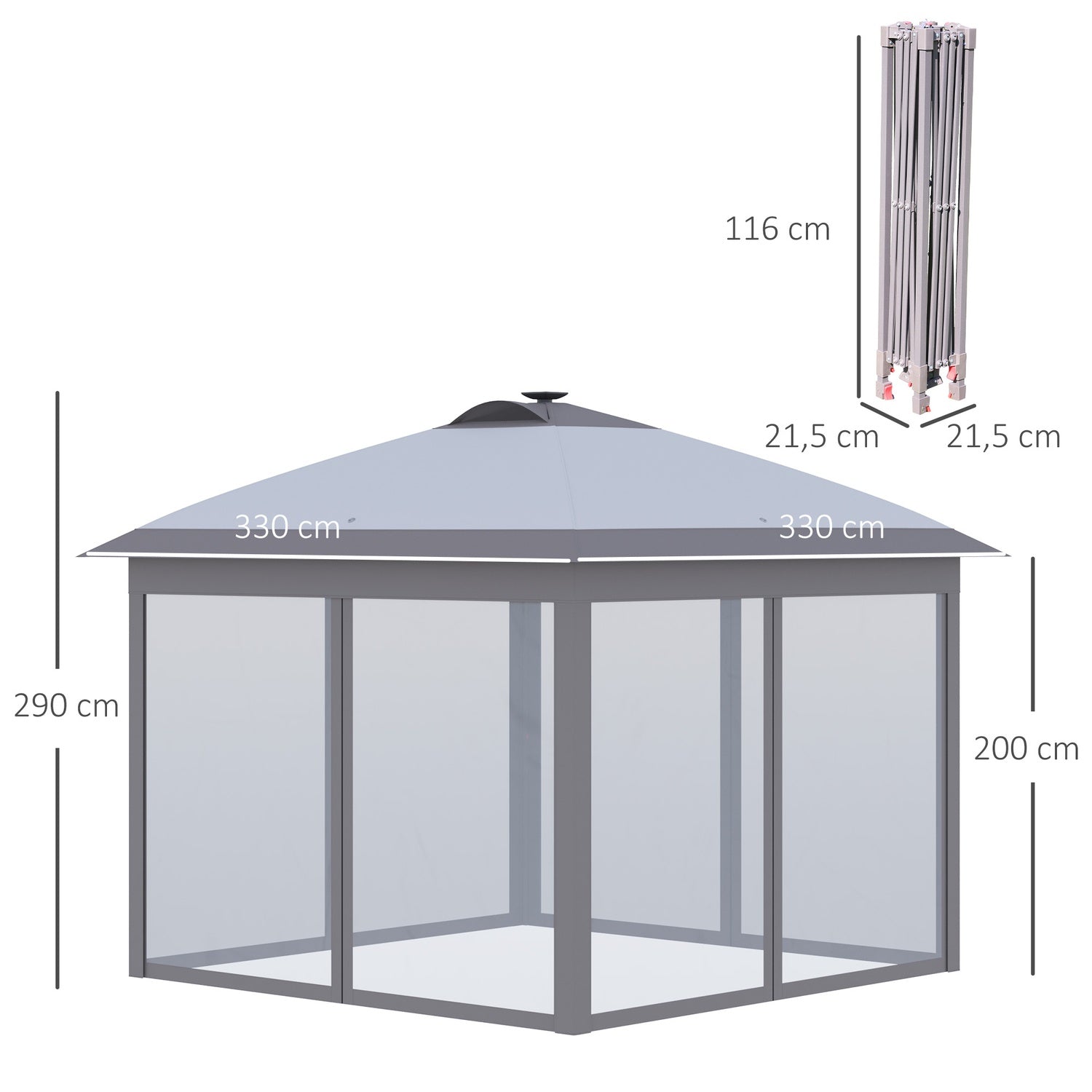 Pop-Up Partytent 3,3x3,3M met LED, Gaaswanden, Zonnescherm