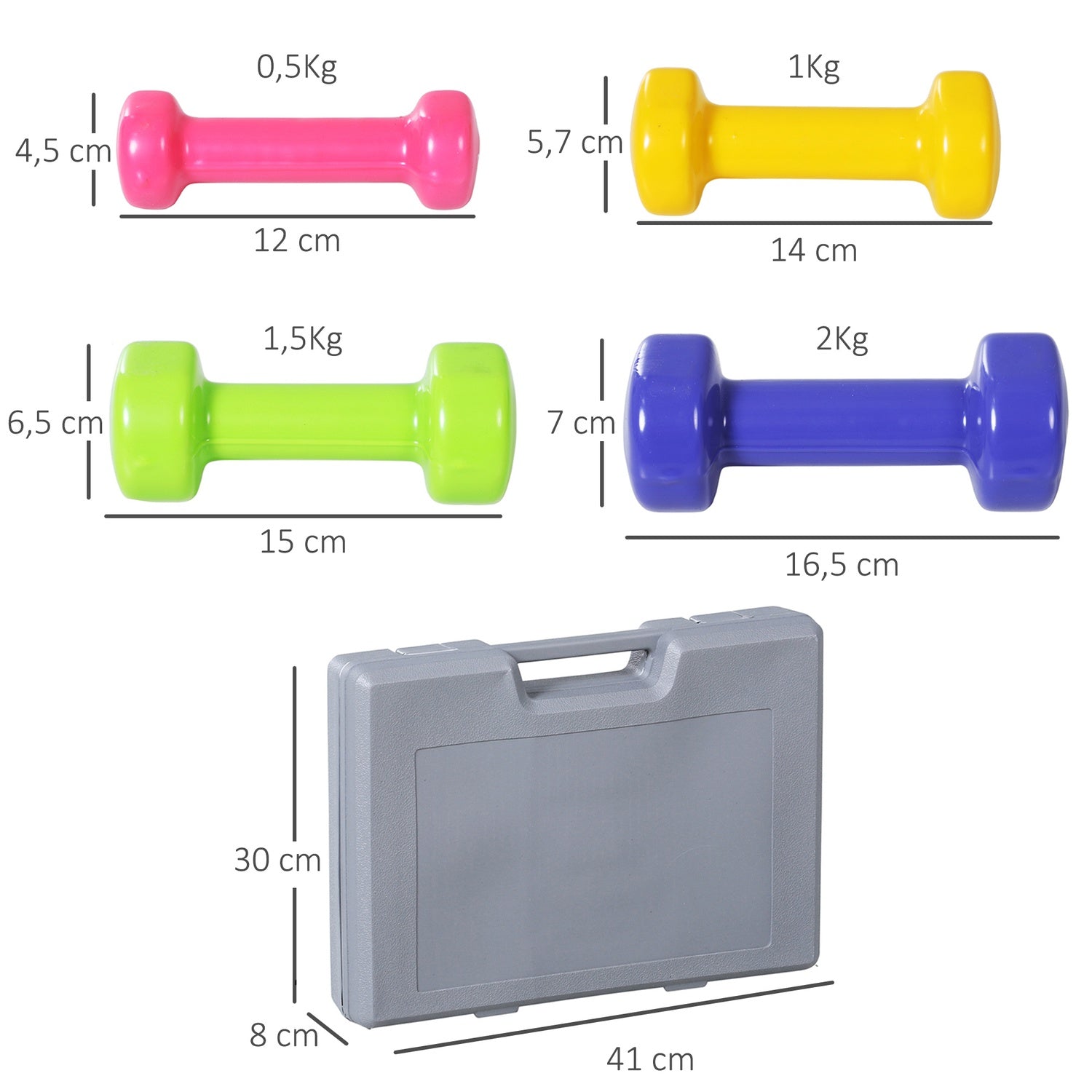 Portabelt hantelset med fodral, 4 par, 1-2 kg