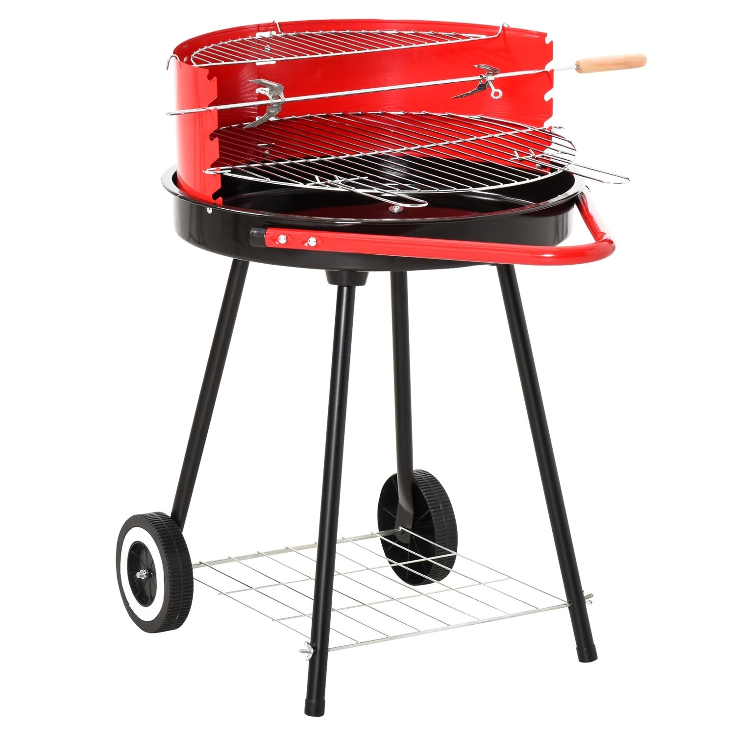 Rode metalen houtskoolbarbecue met wielen, 51x70x75,5cm