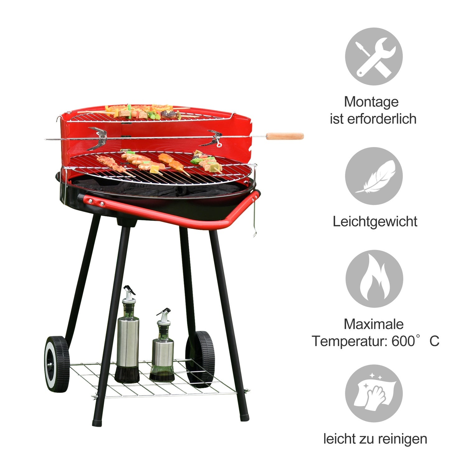 Rode metalen houtskoolbarbecue met wielen, 51x70x75,5cm