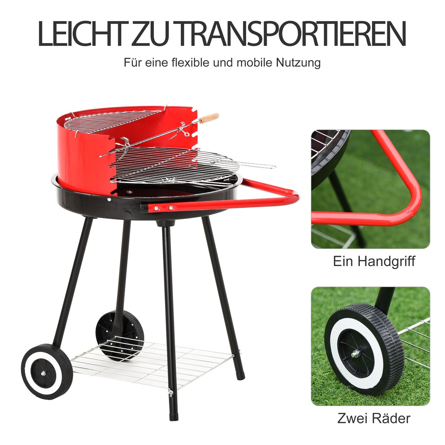 Rode metalen houtskoolbarbecue met wielen, 51x70x75,5cm