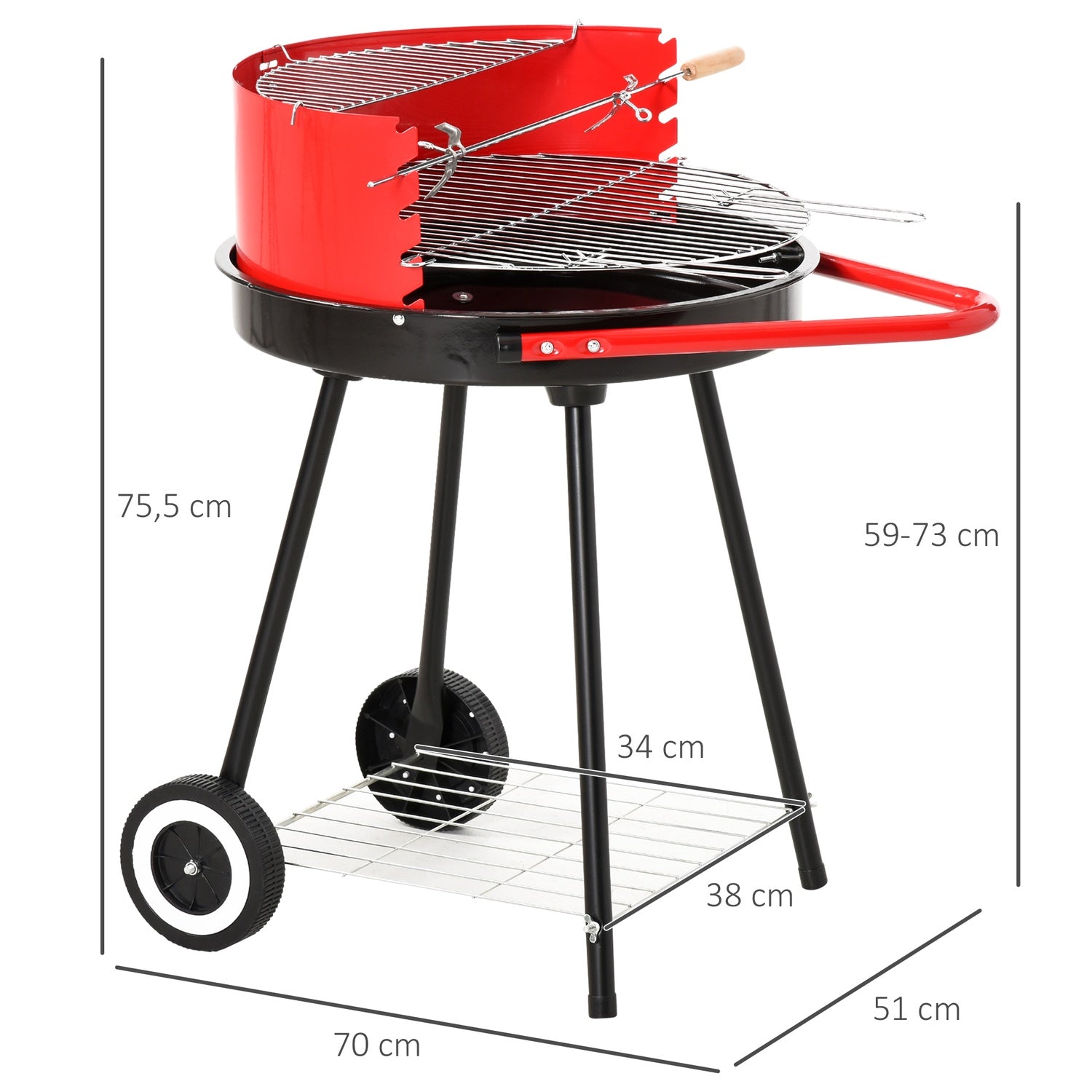 Rode metalen houtskoolbarbecue met wielen, 51x70x75,5cm