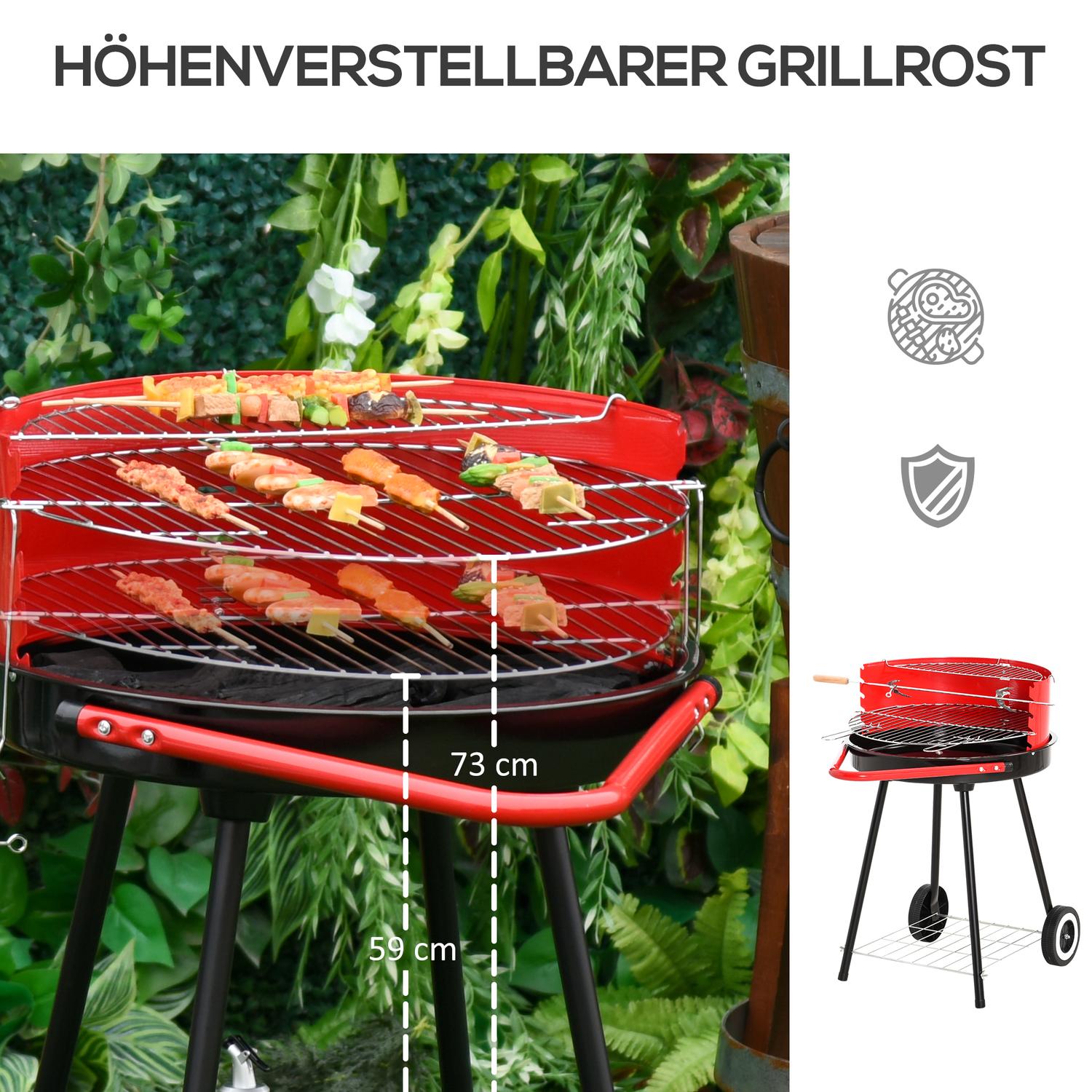 Rode metalen houtskoolbarbecue met wielen, 51x70x75,5cm