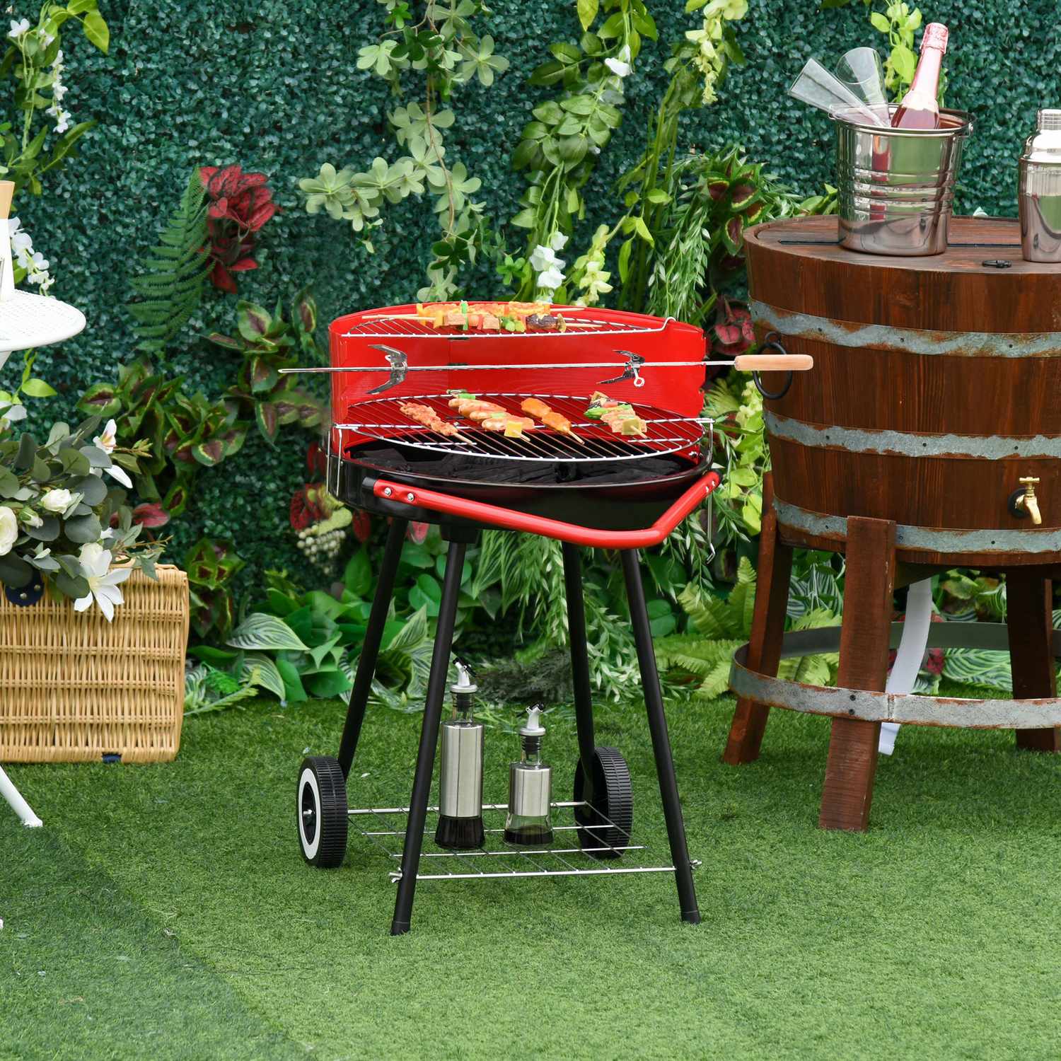 Rode metalen houtskoolbarbecue met wielen, 51x70x75,5cm