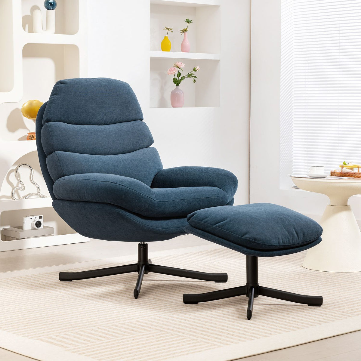 Relaxfauteuil met voetenbank, chenillestof, blauw, 360 graden draaibaar