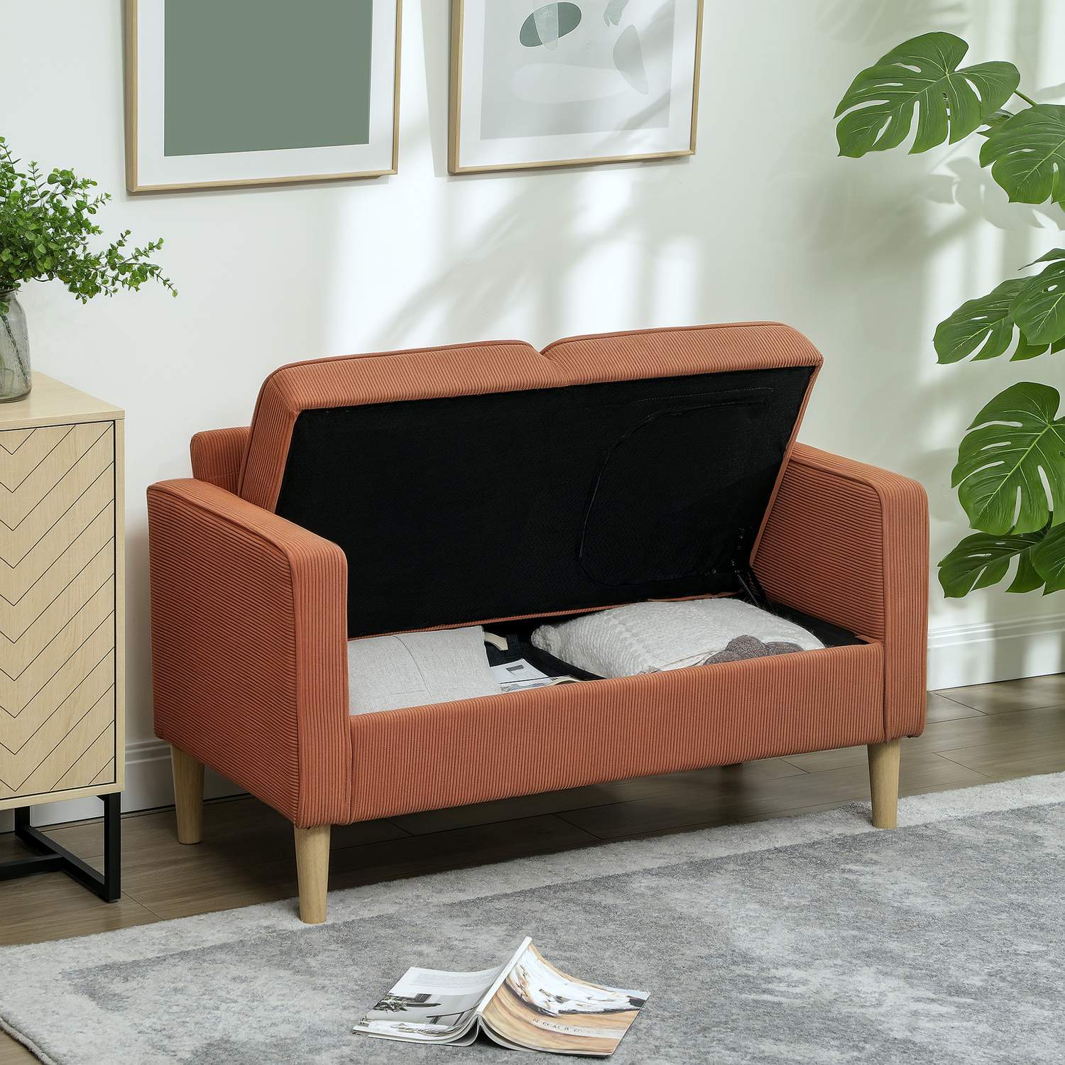Rosa 2-Sitzer-Sofa mit Aufbewahrung, modernes bezogenes Design