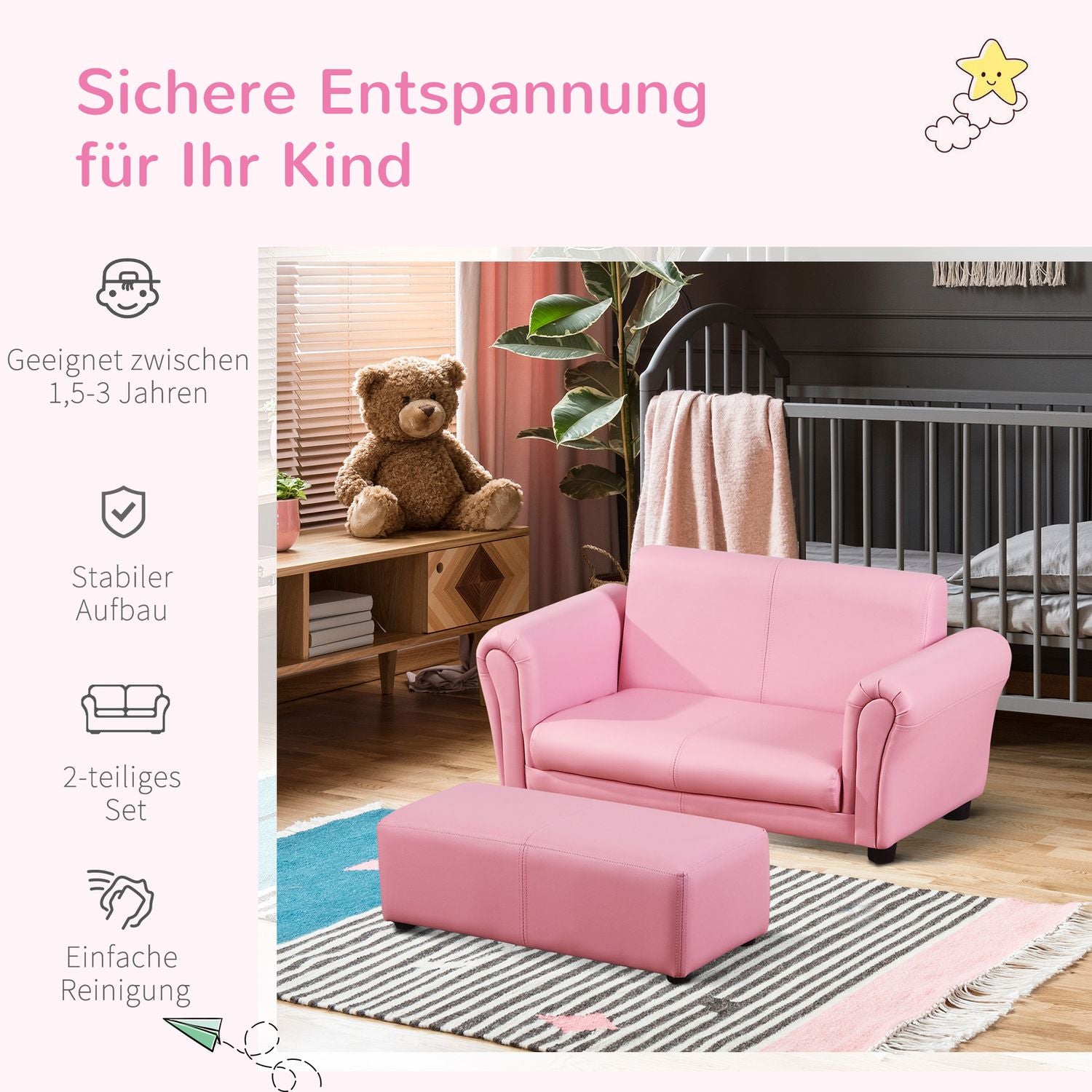 Roze kinderfauteuil & voetenbank – 83x42x41cm, Comfort Set