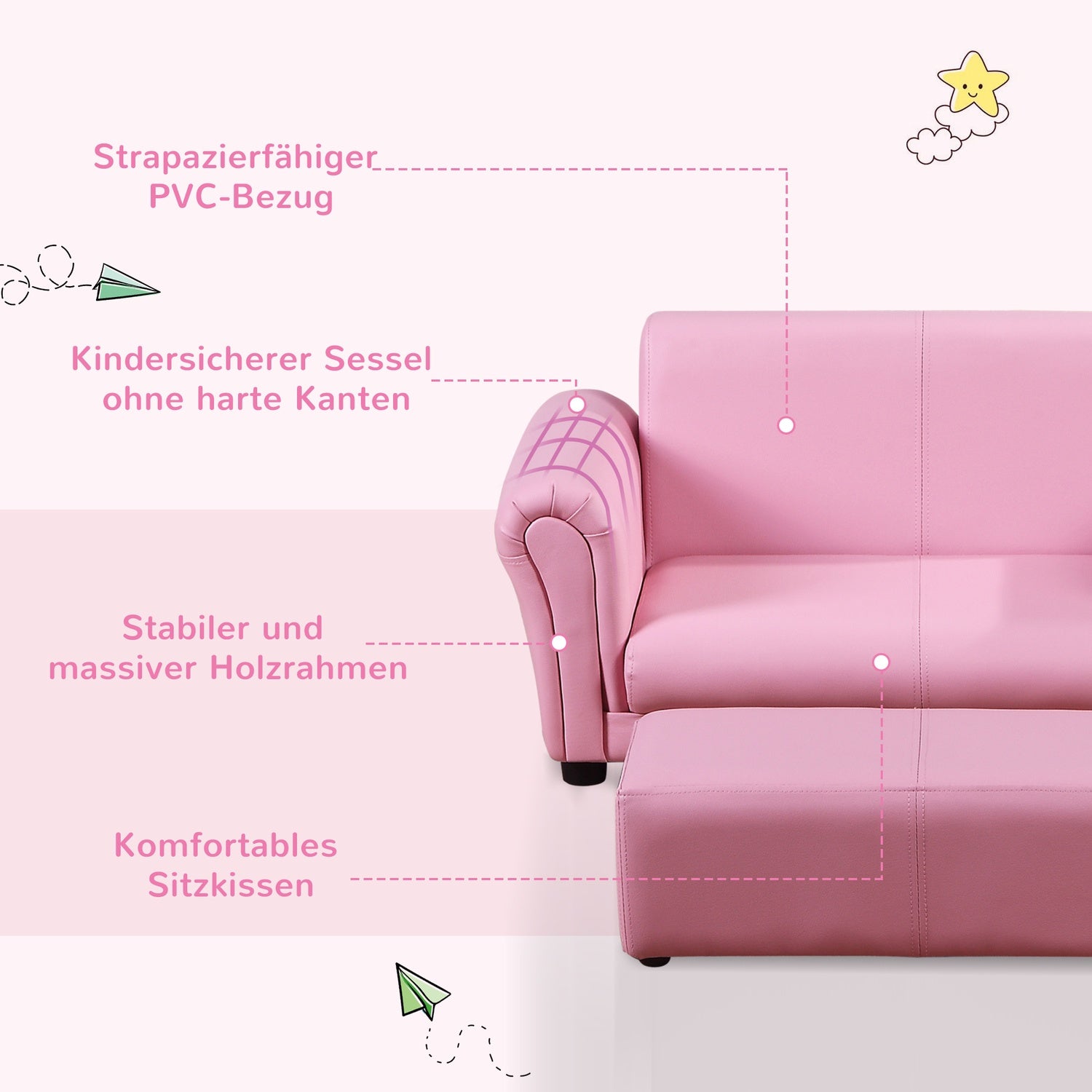 Roze kinderfauteuil & voetenbank – 83x42x41cm, Comfort Set